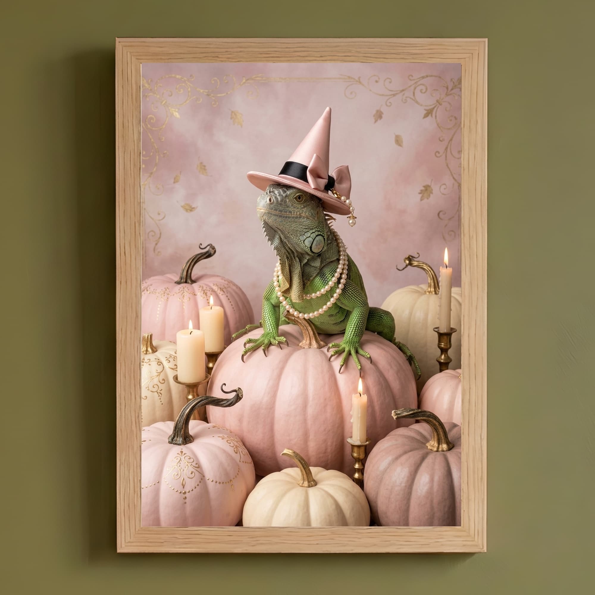 グリーンイグアナのかぼちゃとキャンドルの油絵風アートハロウィン額装プリント(A4サイズ)