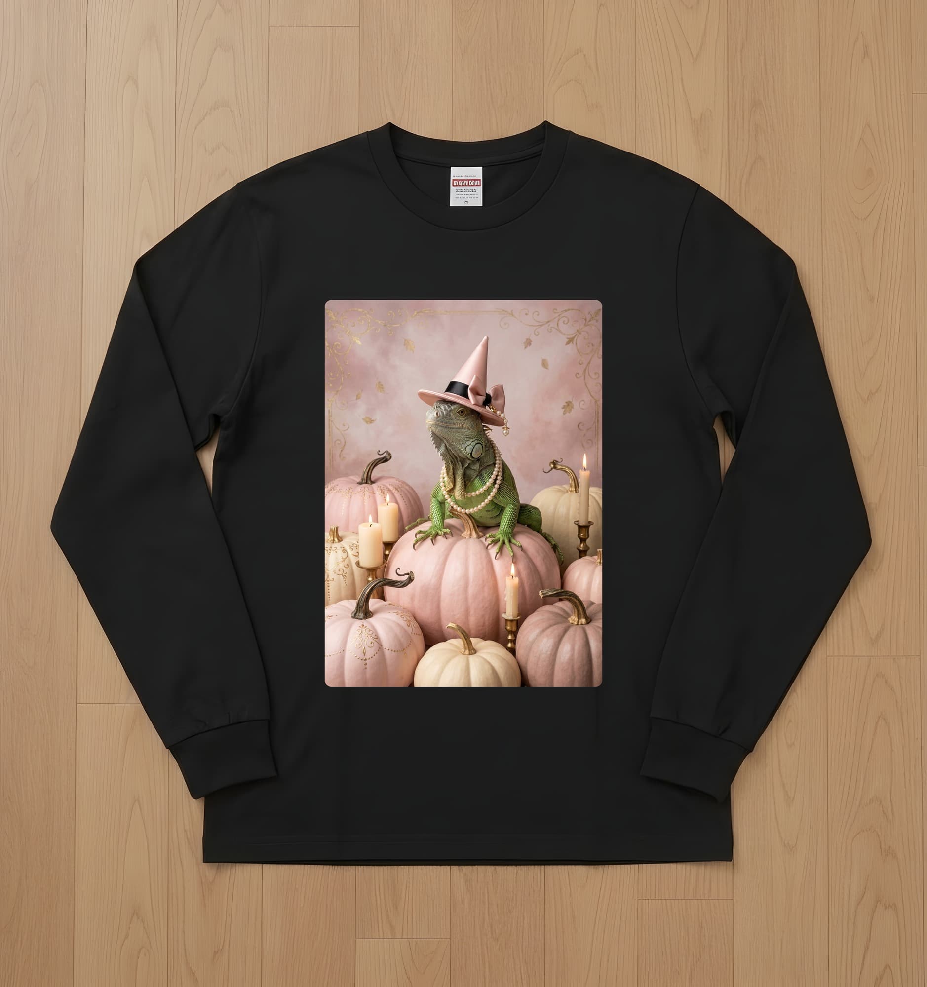 Green Iguana Pumpkin & Candlelight Oil-Painting Halloween Long Sleeve T-Shirt (Black)