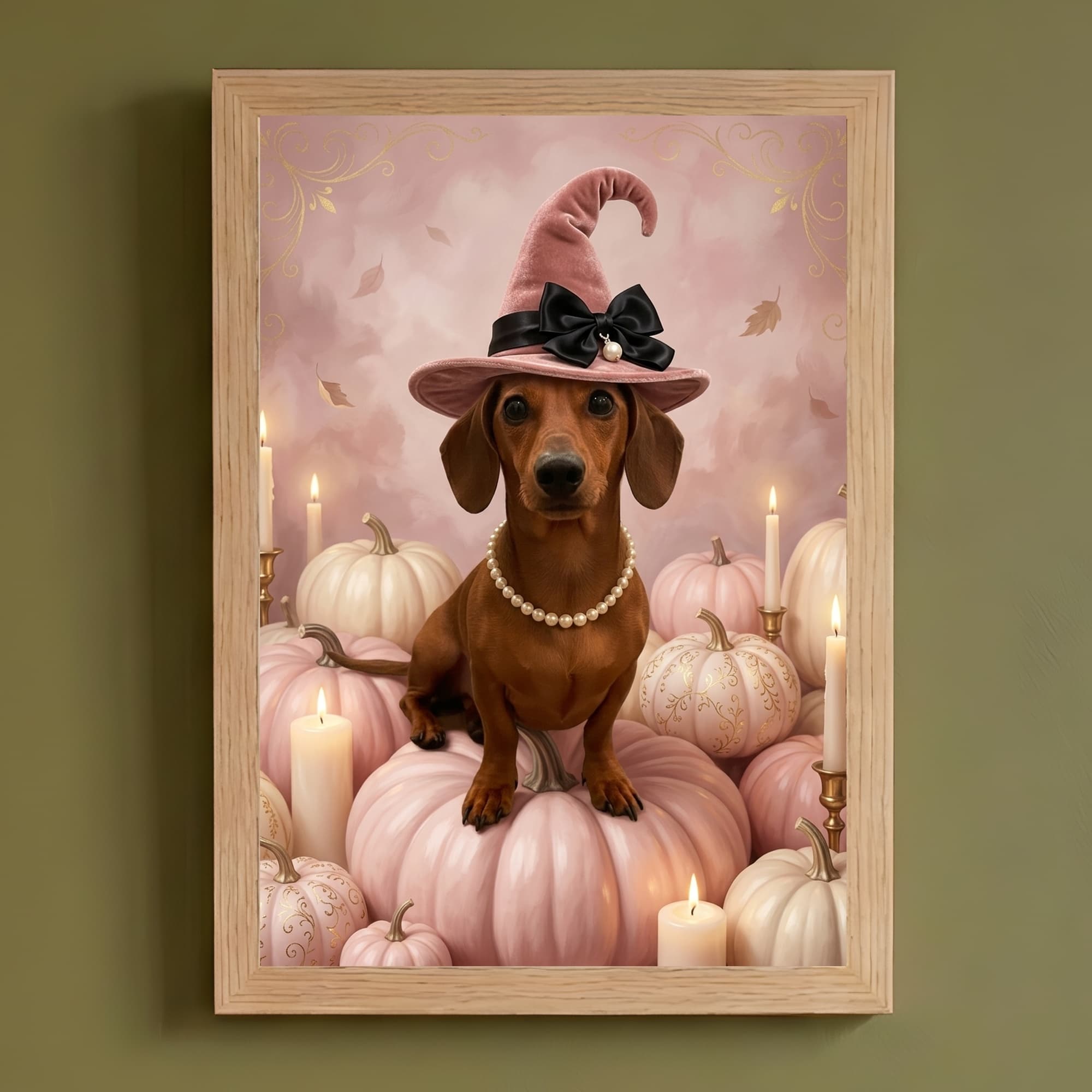 miniature dachshund Pumpkin & Candlelight Oil-Painting Halloween Framed Art Print (A4)