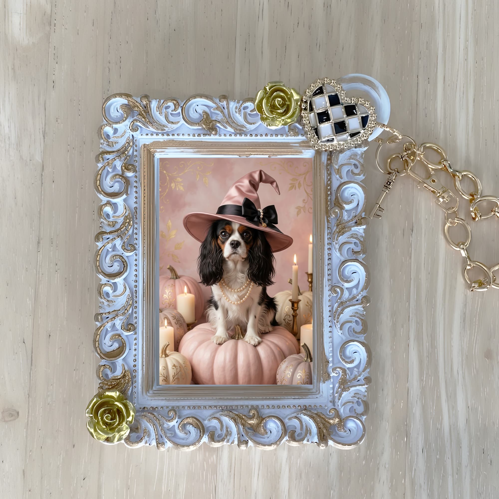 Cavalier King Charles spaniel Pumpkin & Candlelight Oil-Painting Halloween Bag Charm (White)