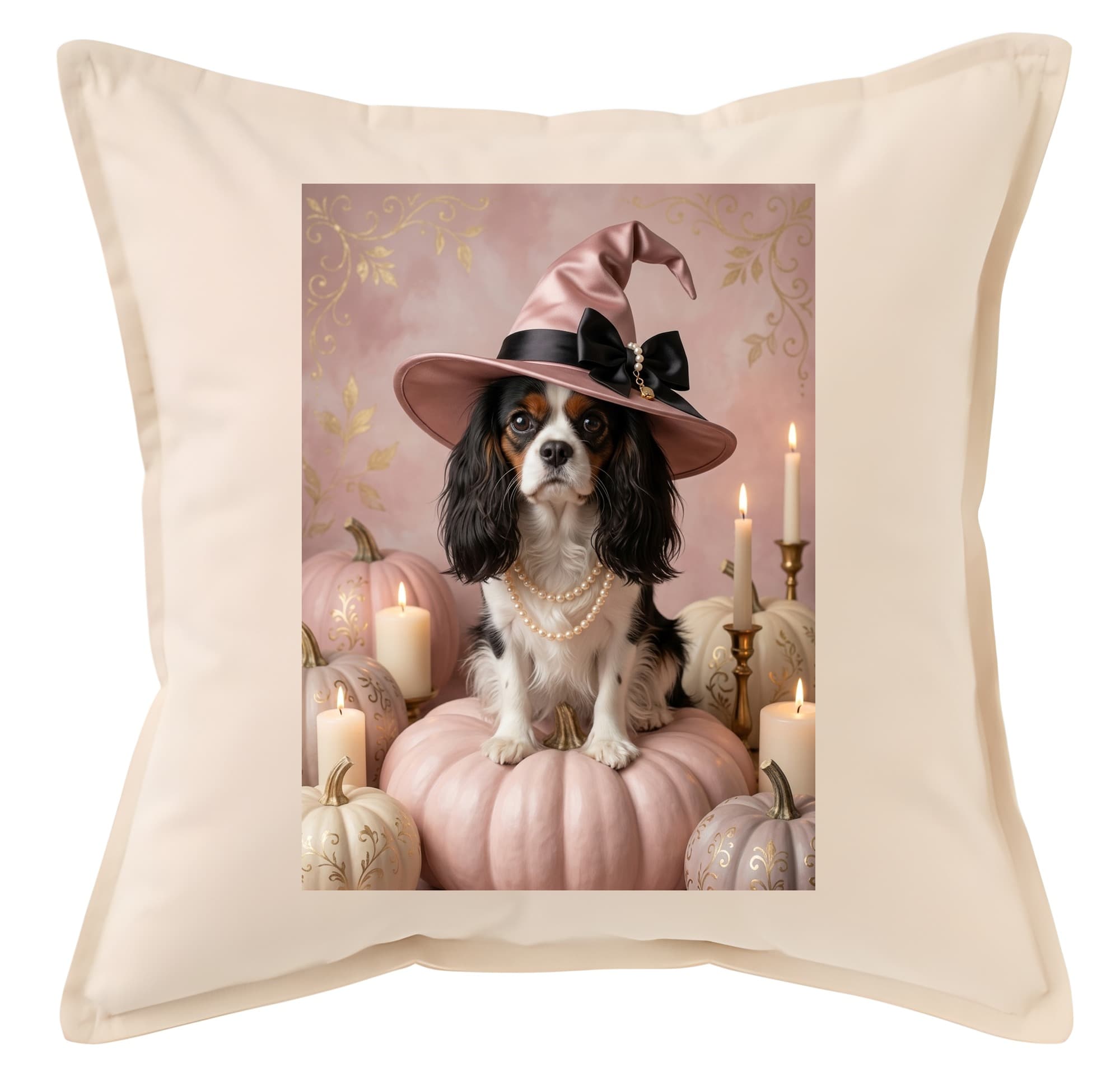 Cavalier King Charles spaniel Pumpkin & Candlelight Oil-Painting Halloween Cushion