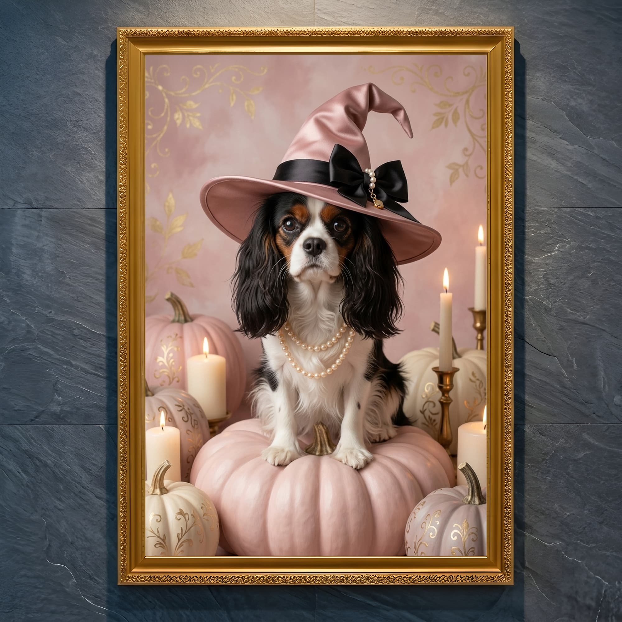Cavalier King Charles spaniel Pumpkin & Candlelight Oil-Painting Halloween Framed Art Print (A4 Gold)