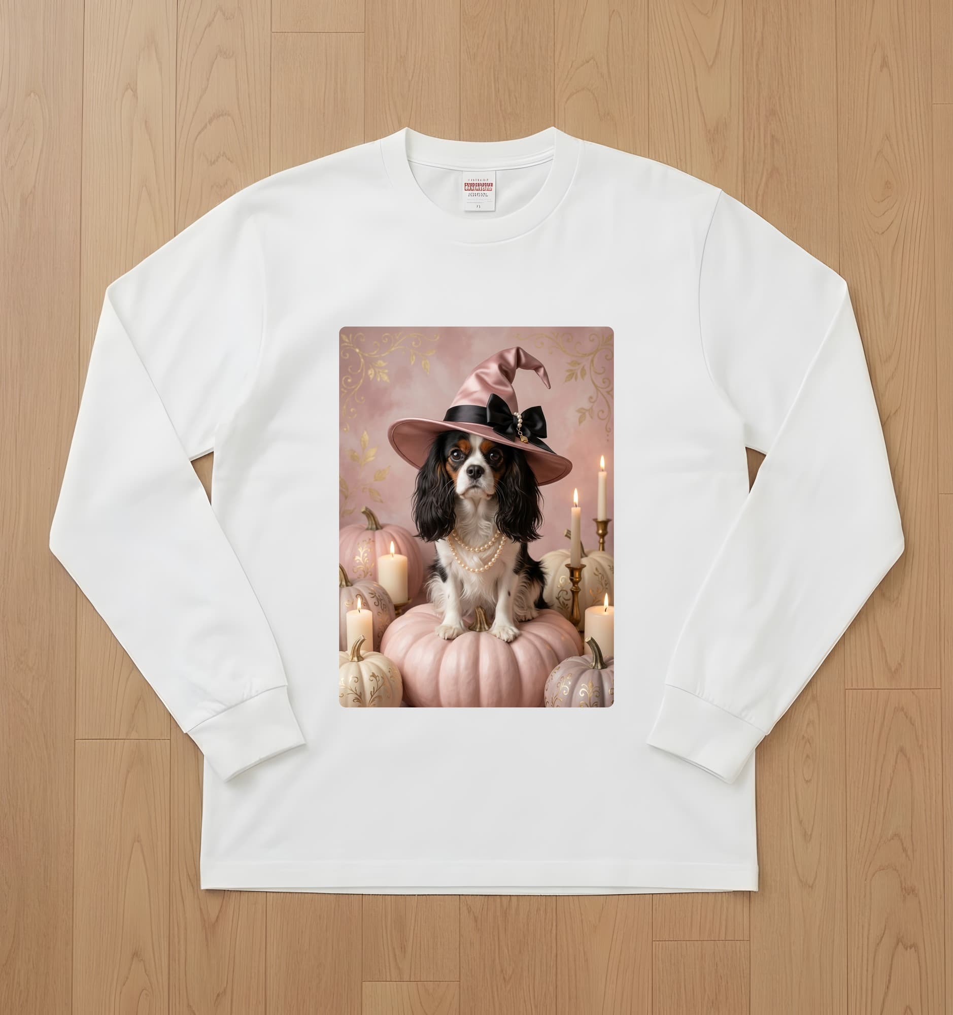 Cavalier King Charles spaniel Pumpkin & Candlelight Oil-Painting Halloween Long Sleeve T-Shirt (White)
