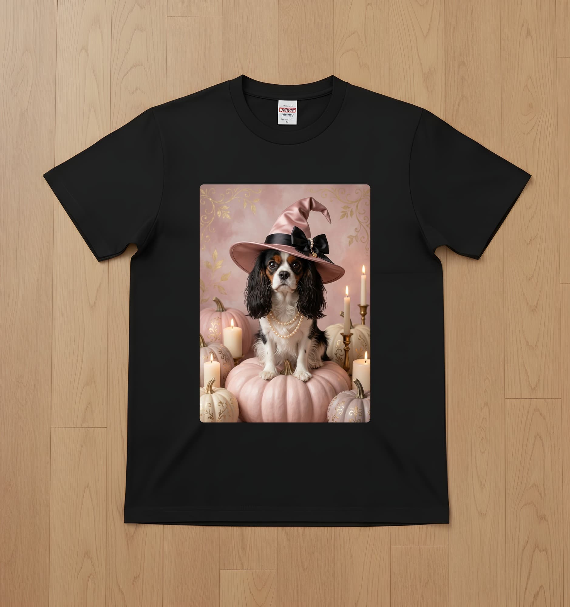 Cavalier King Charles spaniel Pumpkin & Candlelight Oil-Painting Halloween T-Shirt (Black)