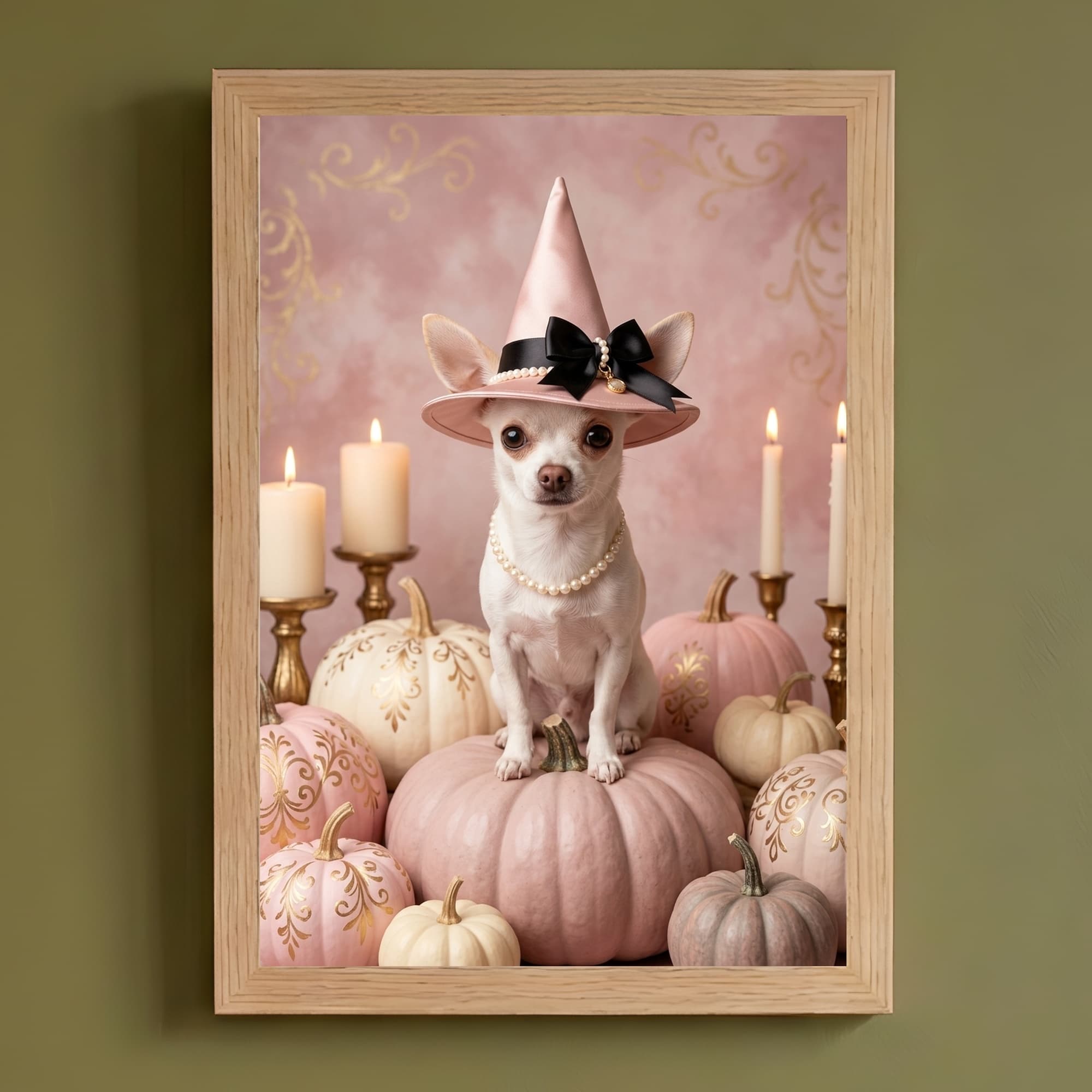 chihuahua Pumpkin & Candlelight Oil-Painting Halloween Framed Art Print (A4)
