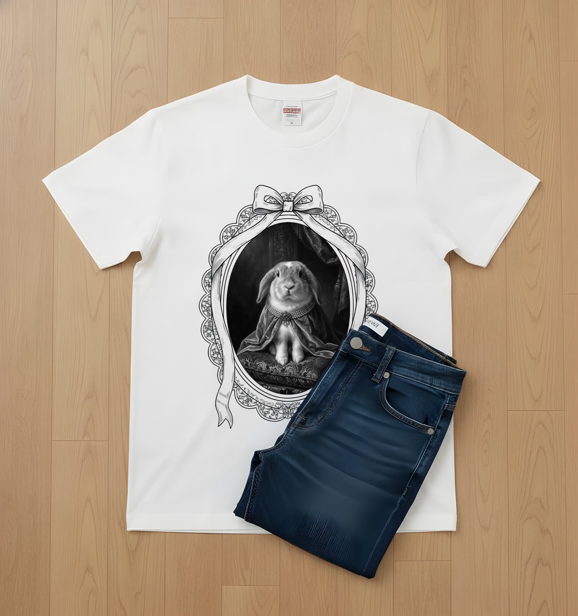ミニロップのルネサンス肖像画Tシャツ(ホワイト・モノクロプリント・額縁デザインあり) 2