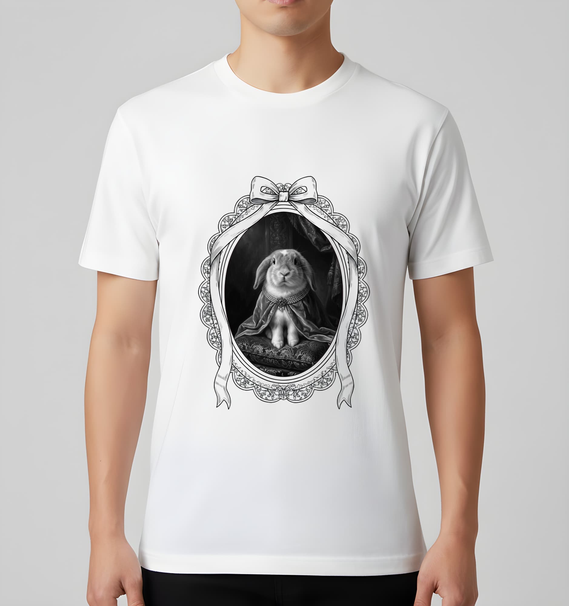 ミニロップのルネサンス肖像画Tシャツ(ホワイト・モノクロプリント・額縁デザインあり) 3