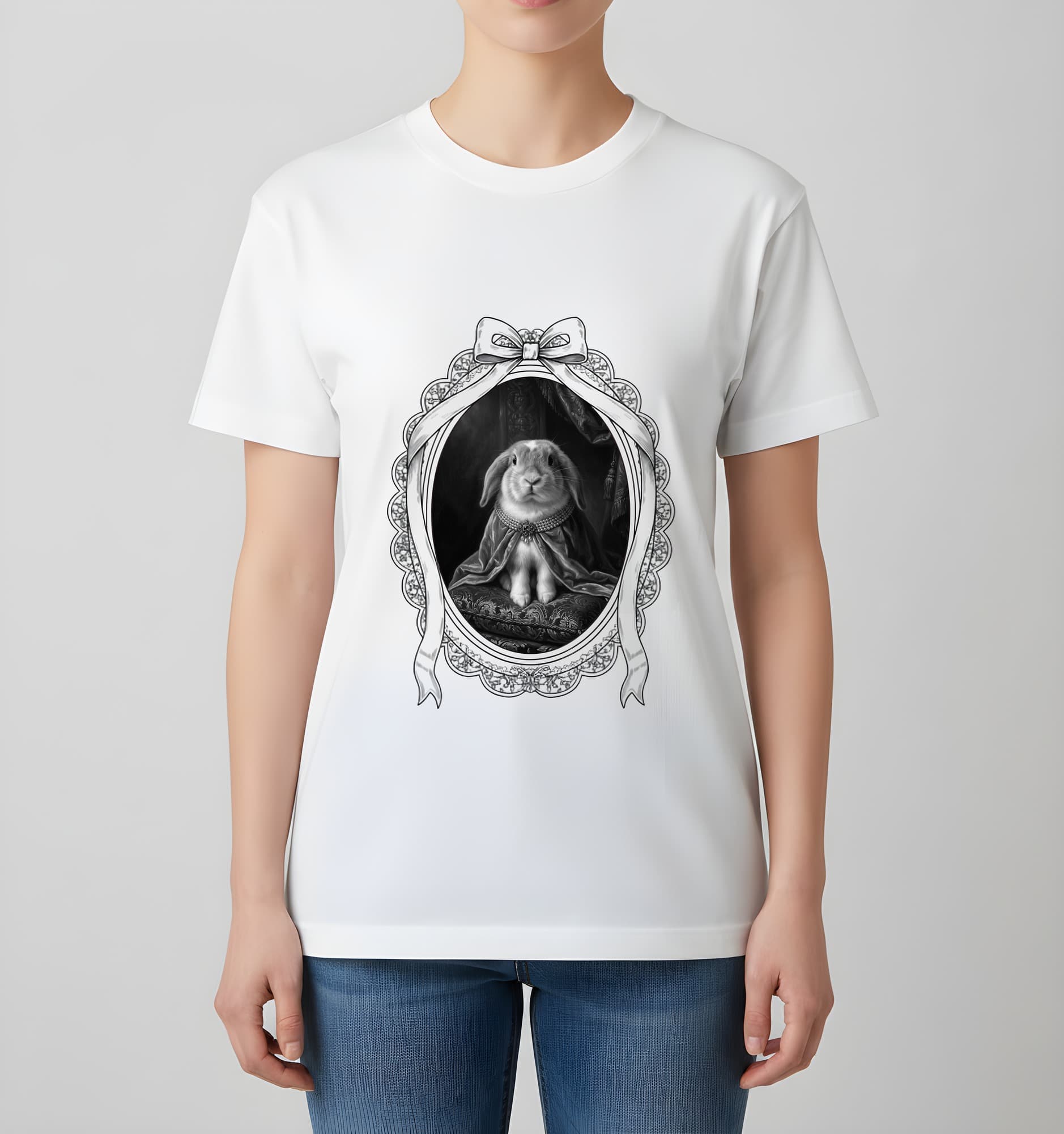 ミニロップのルネサンス肖像画Tシャツ(ホワイト・モノクロプリント・額縁デザインあり) 4