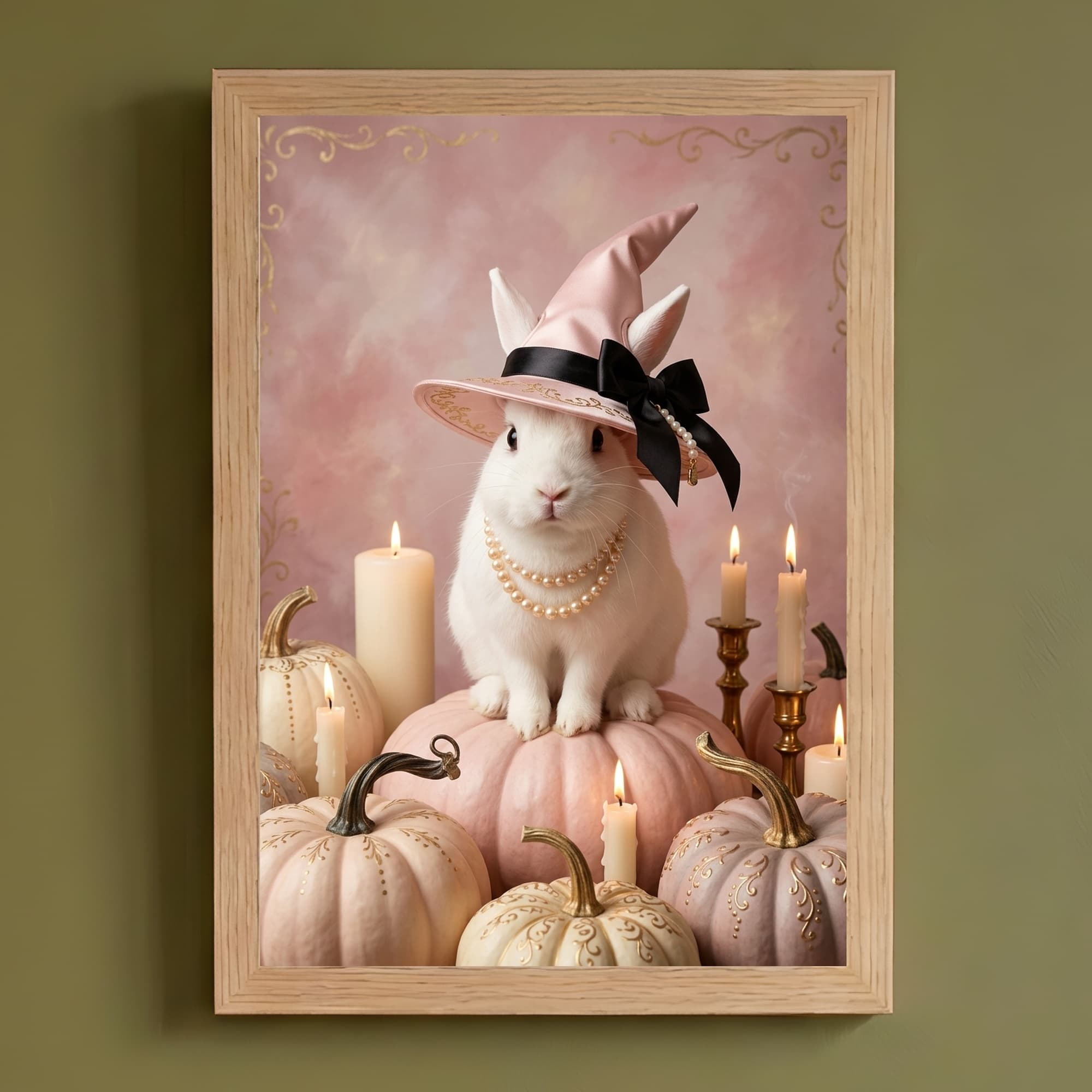 ポーリッシュのかぼちゃとキャンドルの油絵風アートハロウィン額装プリント(A4サイズ)