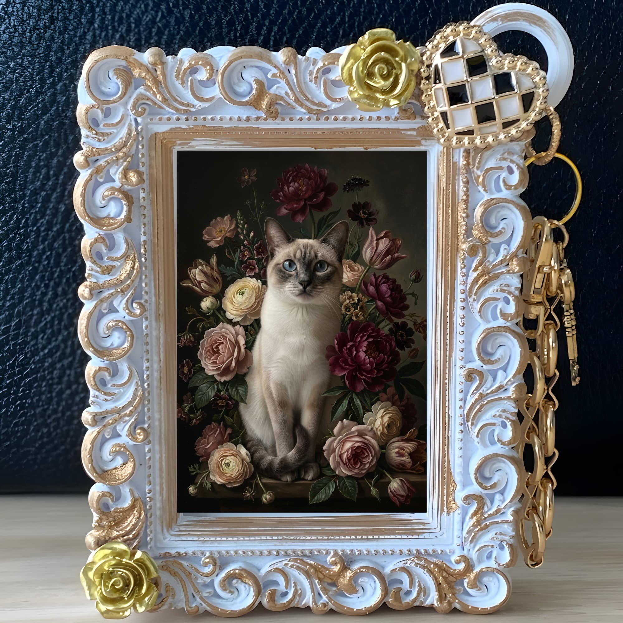 シャム猫の花の油絵風アート花柄バッグチャーム(ホワイト) 2