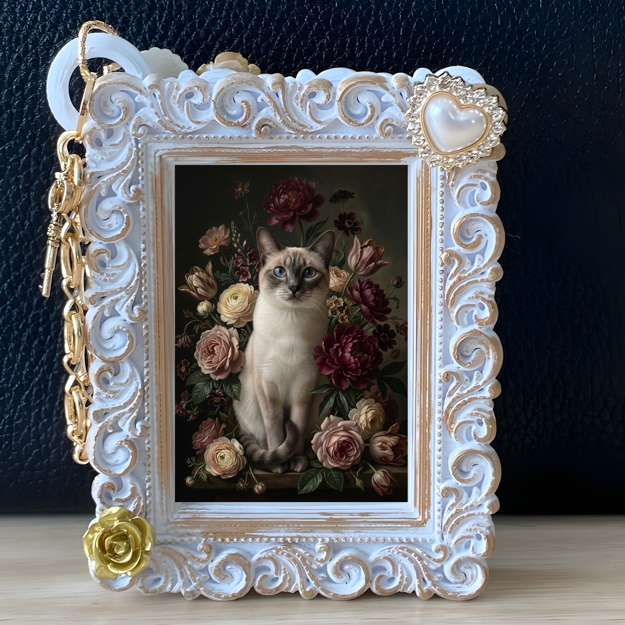 シャム猫の花の油絵風アート花柄バッグチャーム(ホワイト) 5