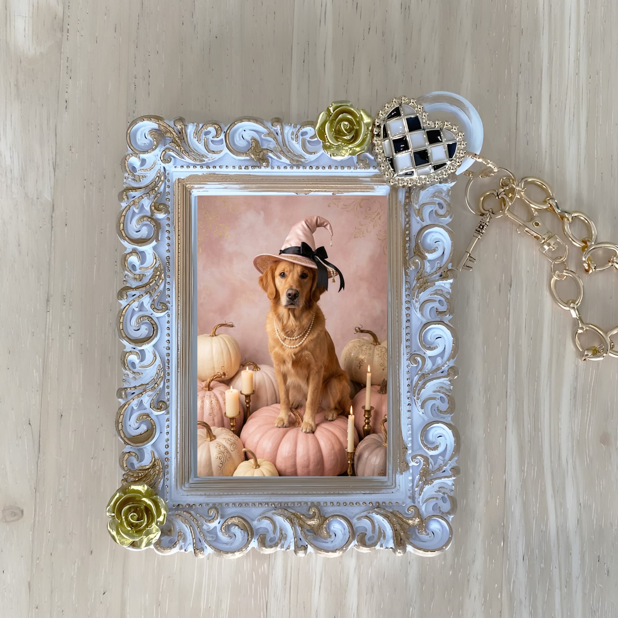 golden retriever Pumpkin & Candlelight Oil-Painting Halloween Bag Charm (White)