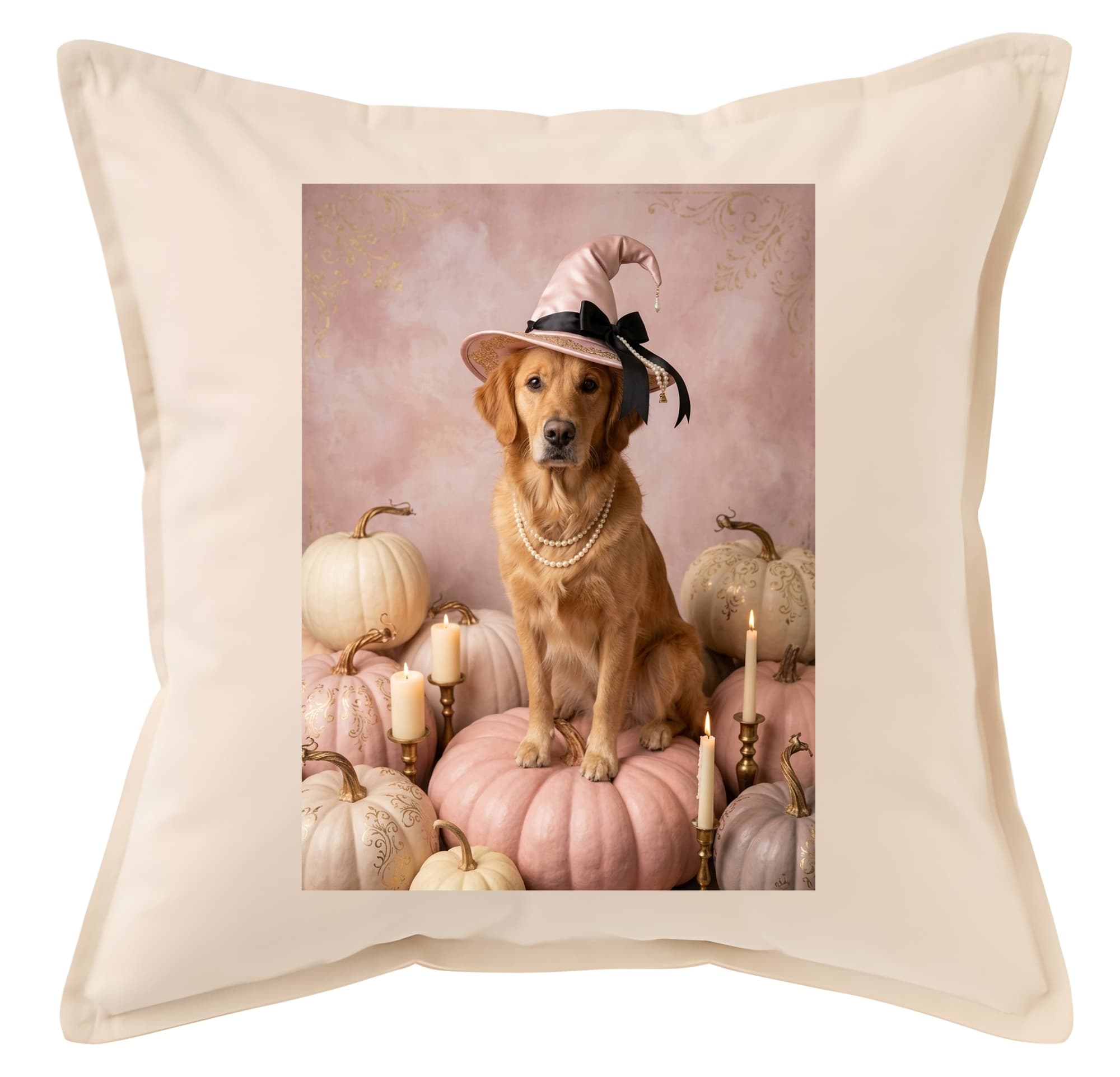 golden retriever Pumpkin & Candlelight Oil-Painting Halloween Cushion
