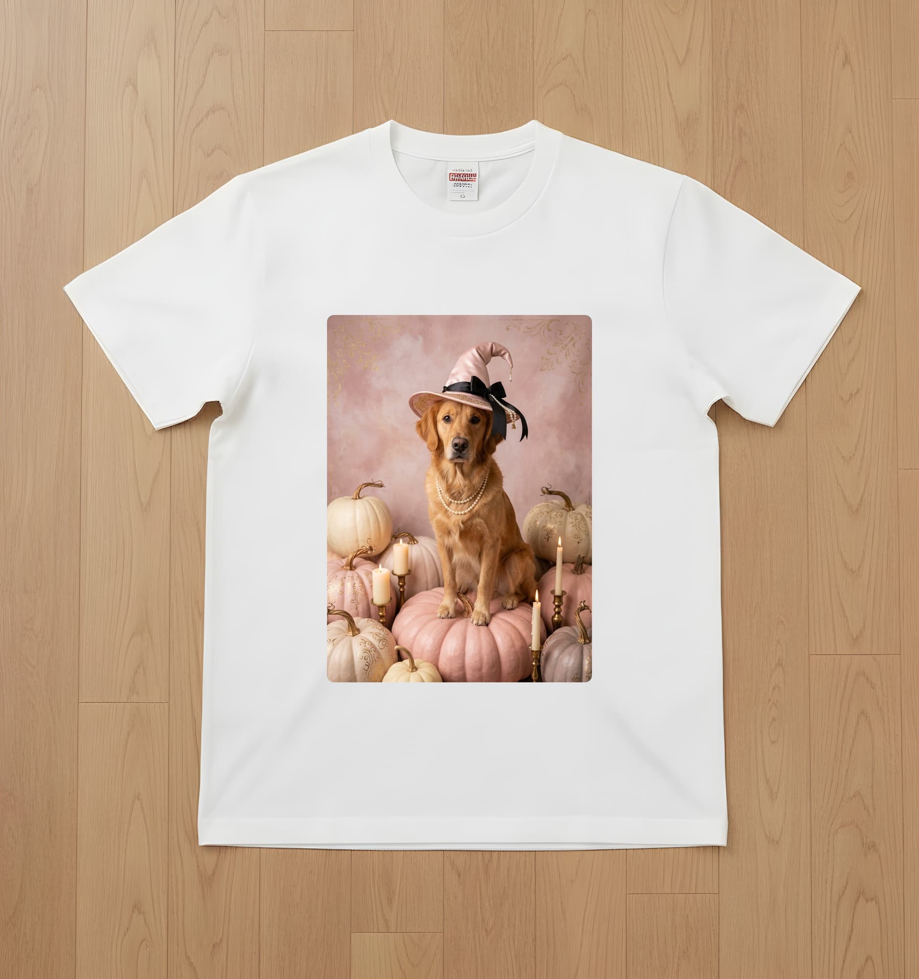 golden retriever Pumpkin & Candlelight Oil-Painting Halloween T-Shirt (White)