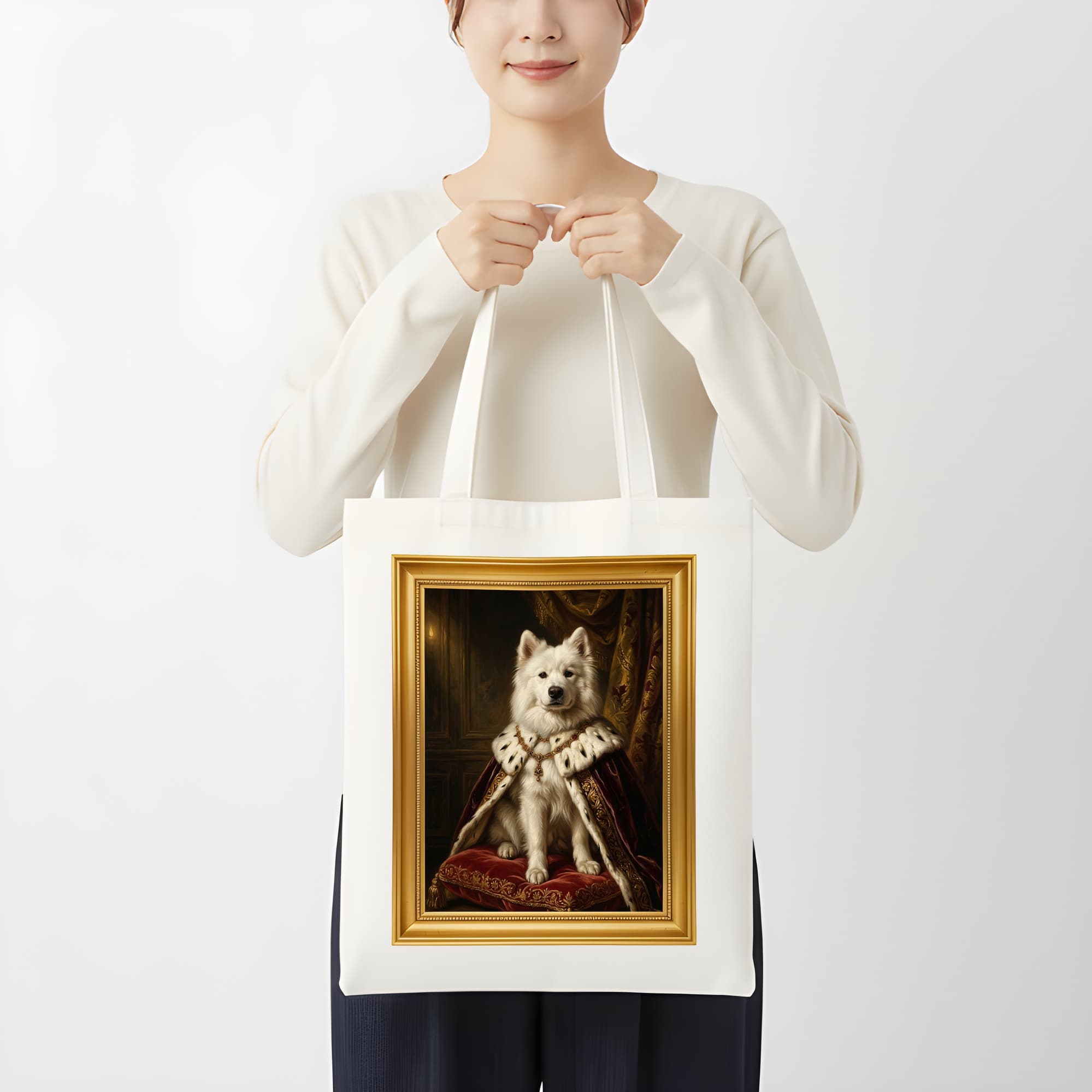 サモエドのルネサンス肖像画トートバッグ(カラープリント・額縁デザインあり) 3