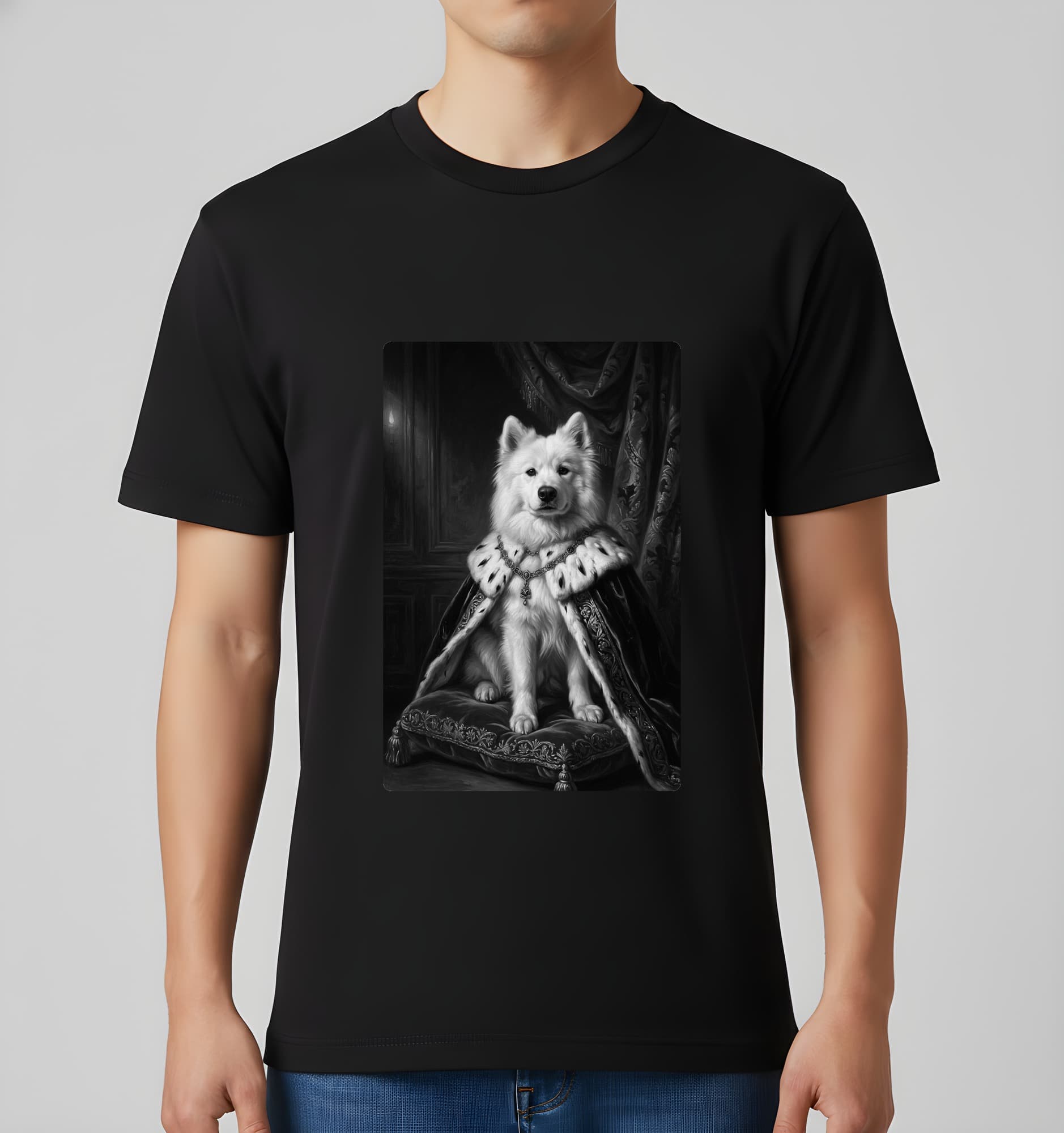 サモエドのルネサンス肖像画Tシャツ(ブラック・モノクロプリント・額縁なし) 3