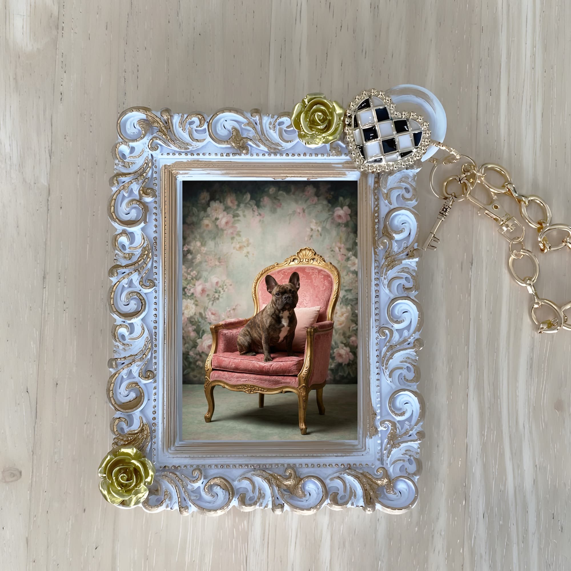 French bulldog Shabby Pink Oil-Painting Rococo Bag Charm (White)