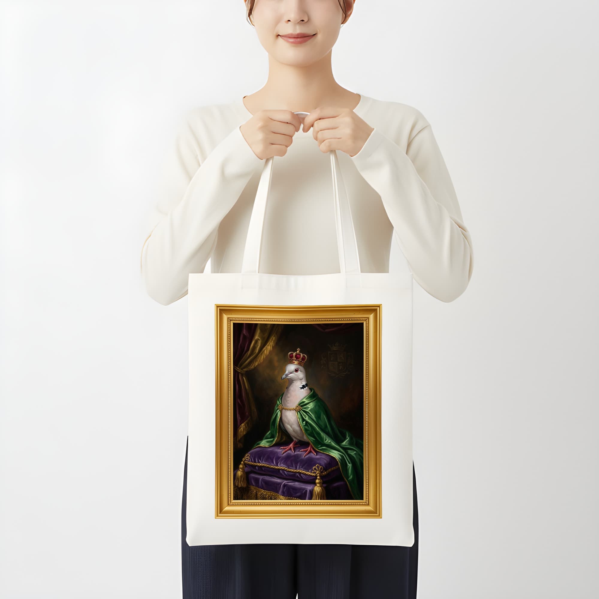 ジュズカケバトのルネサンス肖像画トートバッグ(カラープリント・額縁デザインあり) 3