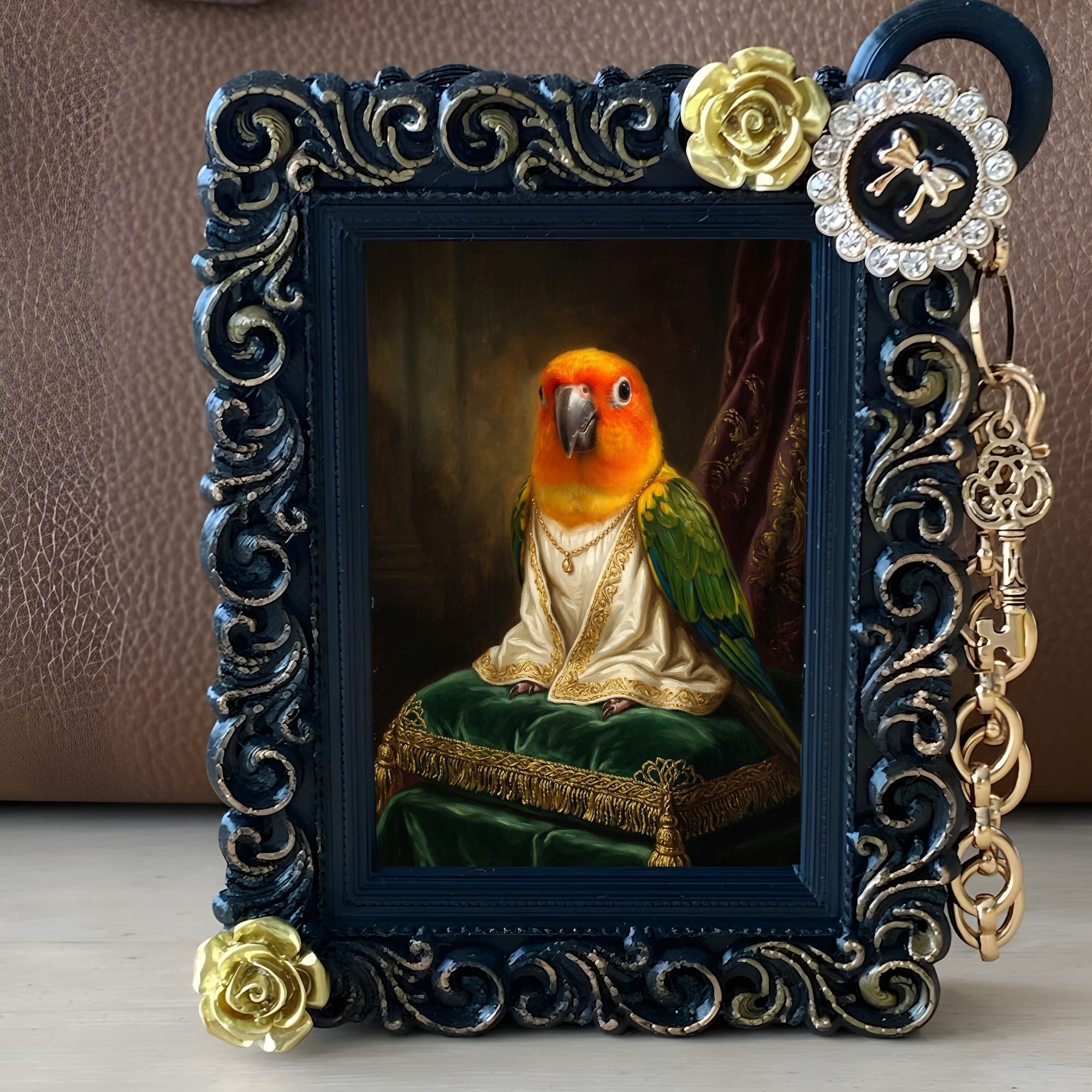 コガネメキシコインコのルネサンス肖像画バッグチャーム(ブラック) 2