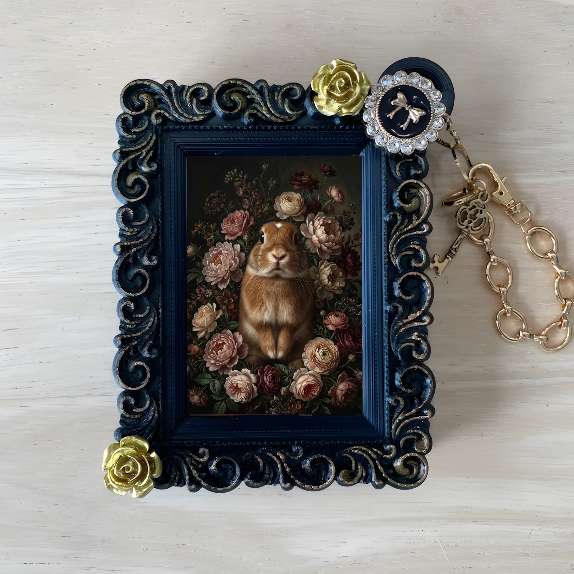 Netherland Dwarf Floral Oil-Painting Floral Bag Charm (Black)