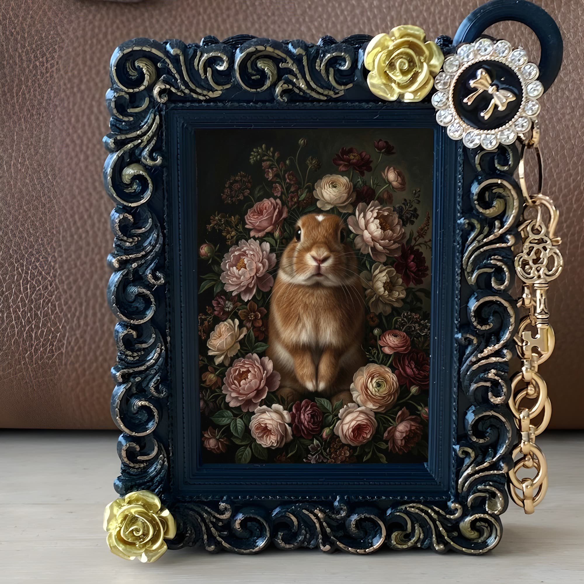 Netherland Dwarf Floral Oil-Painting Floral Bag Charm (Black) 2