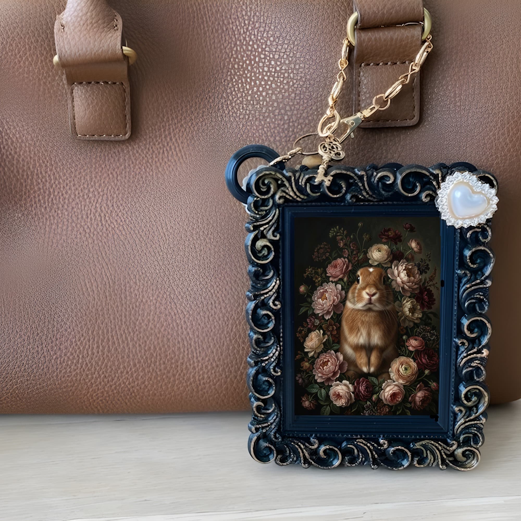 Netherland Dwarf Floral Oil-Painting Floral Bag Charm (Black) 6