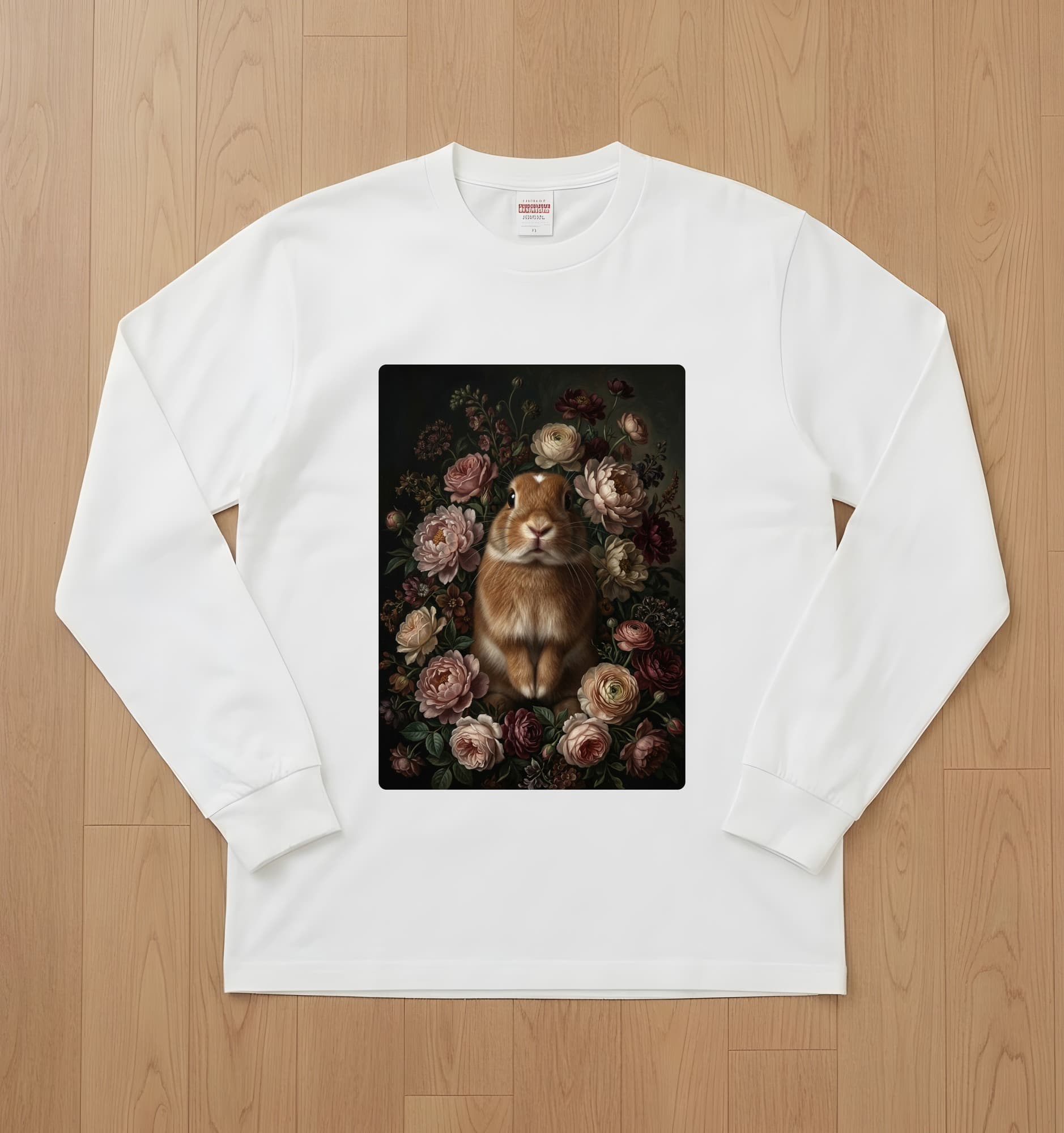 ネザーランドドワーフの花の油絵風アート花柄長袖Tシャツ(ホワイト)