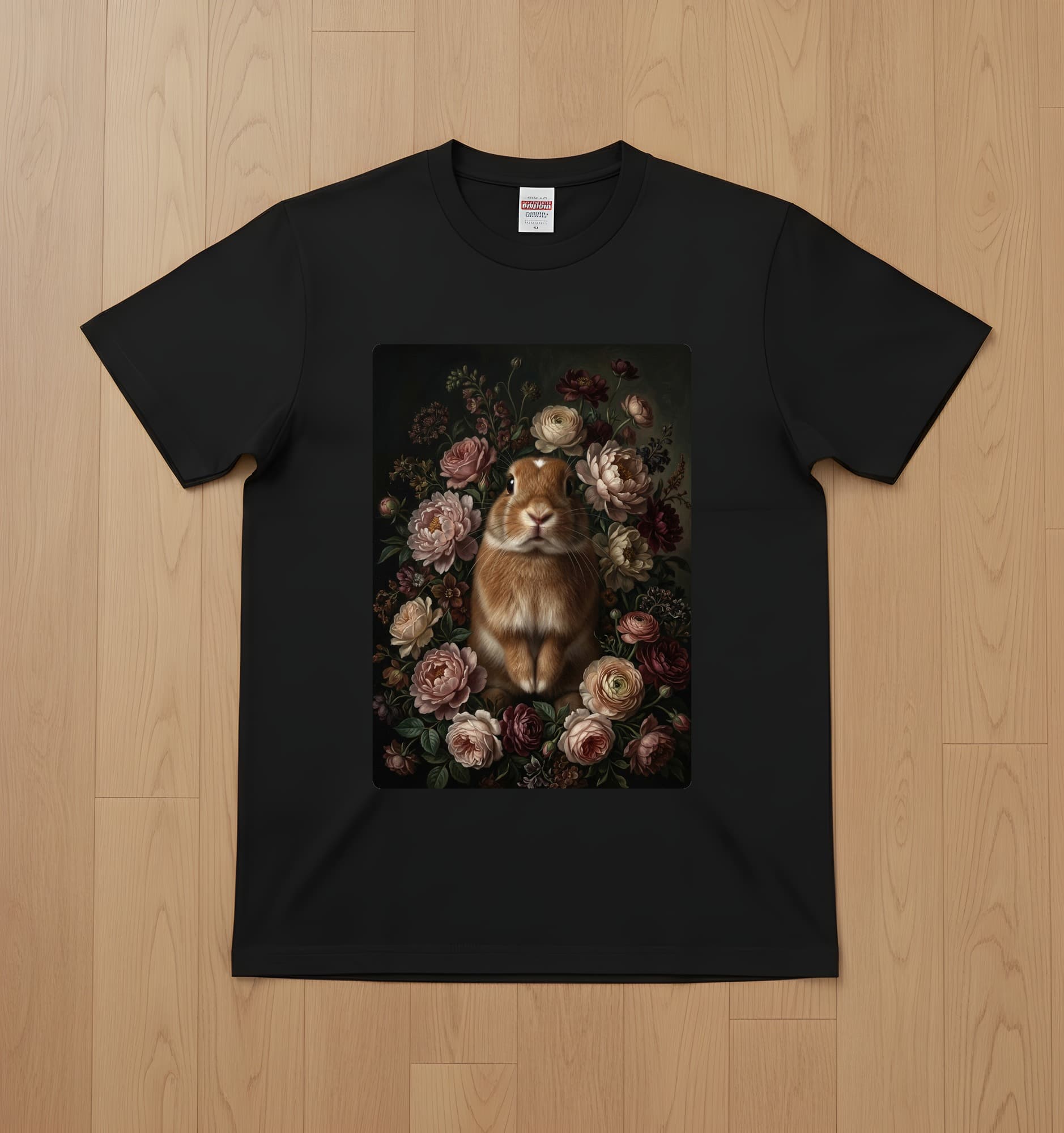 ネザーランドドワーフの花の油絵風アート花柄Tシャツ(ブラック)