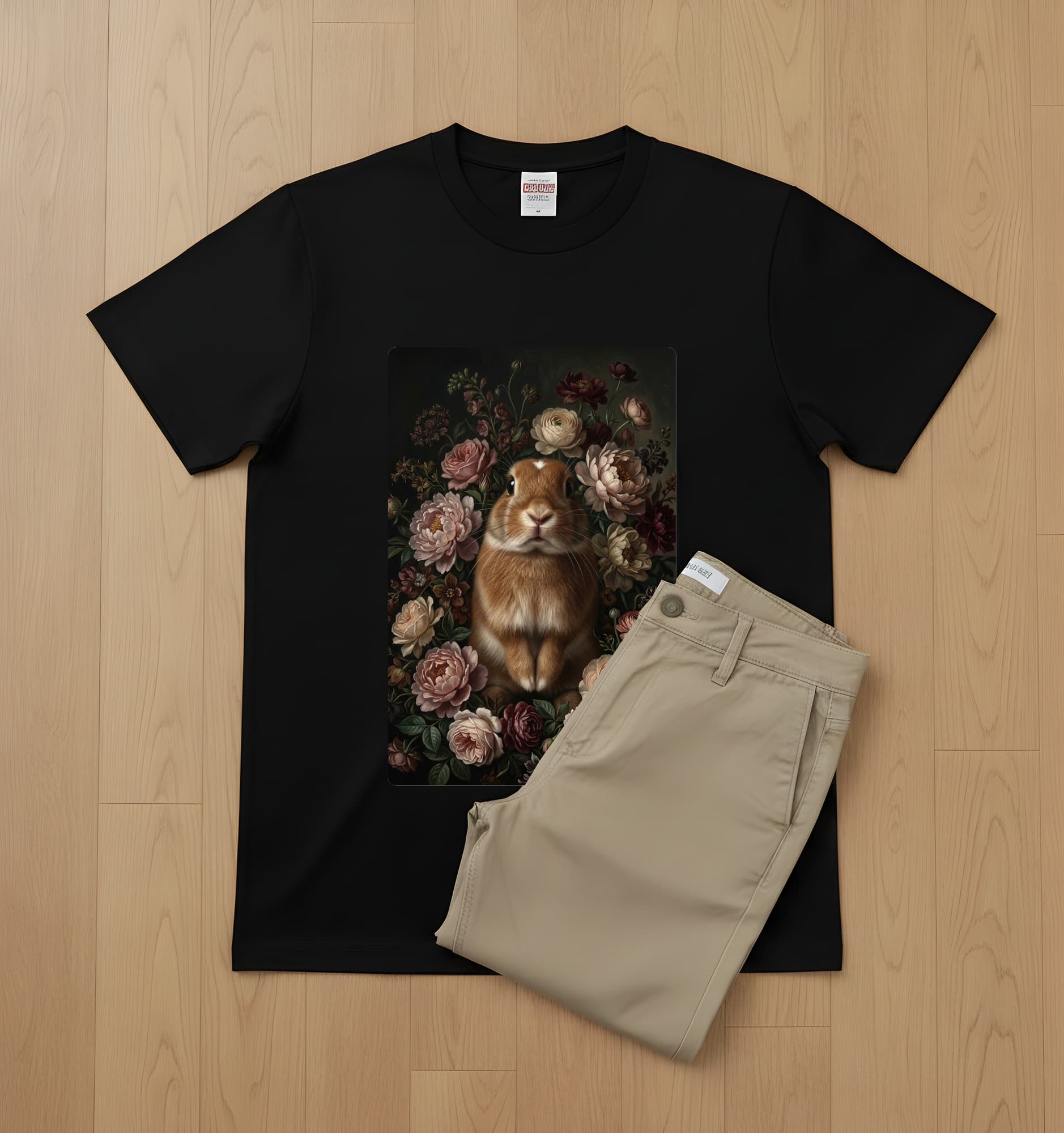 ネザーランドドワーフの花の油絵風アート花柄Tシャツ(ブラック) 2