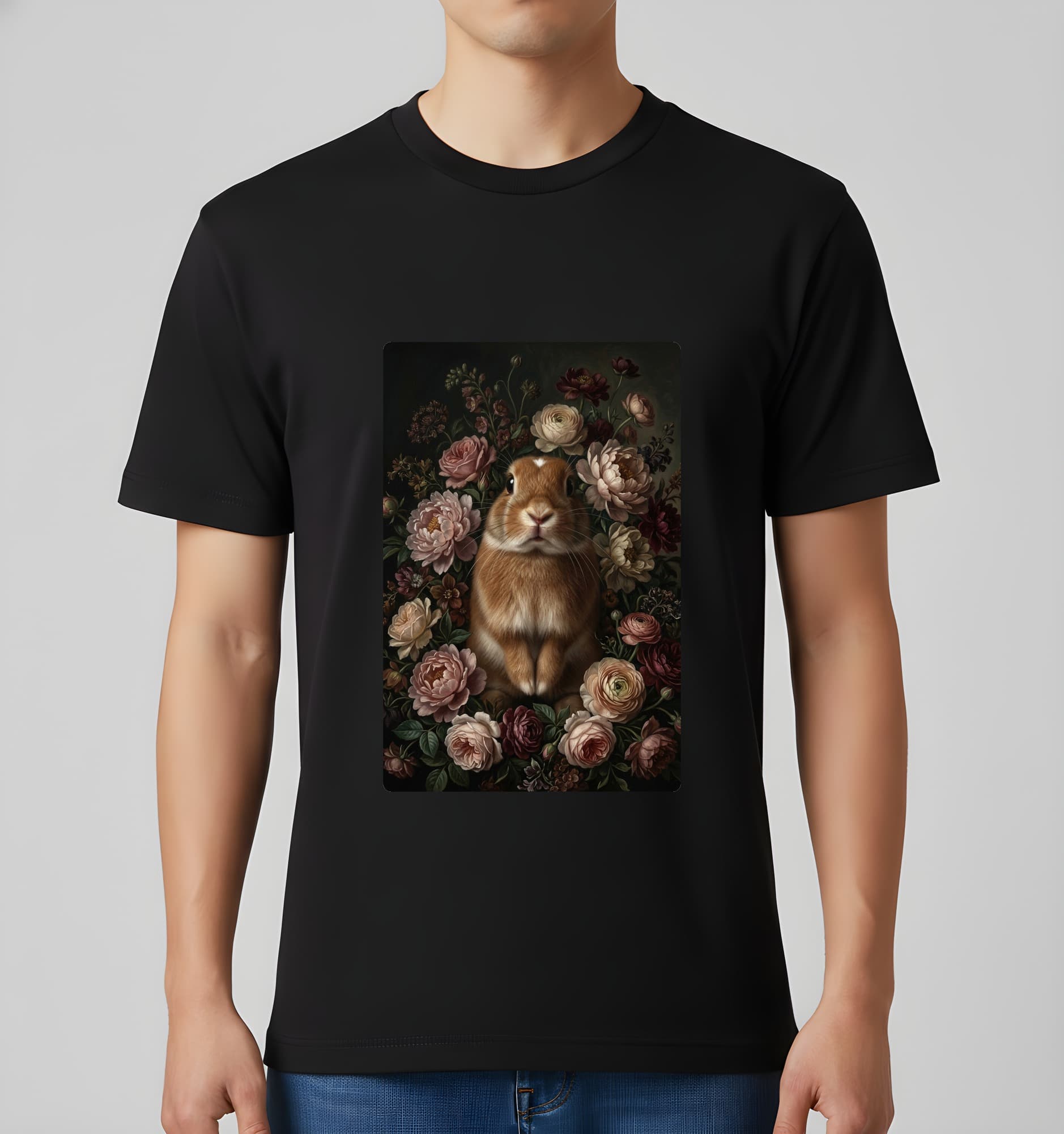 ネザーランドドワーフの花の油絵風アート花柄Tシャツ(ブラック) 3