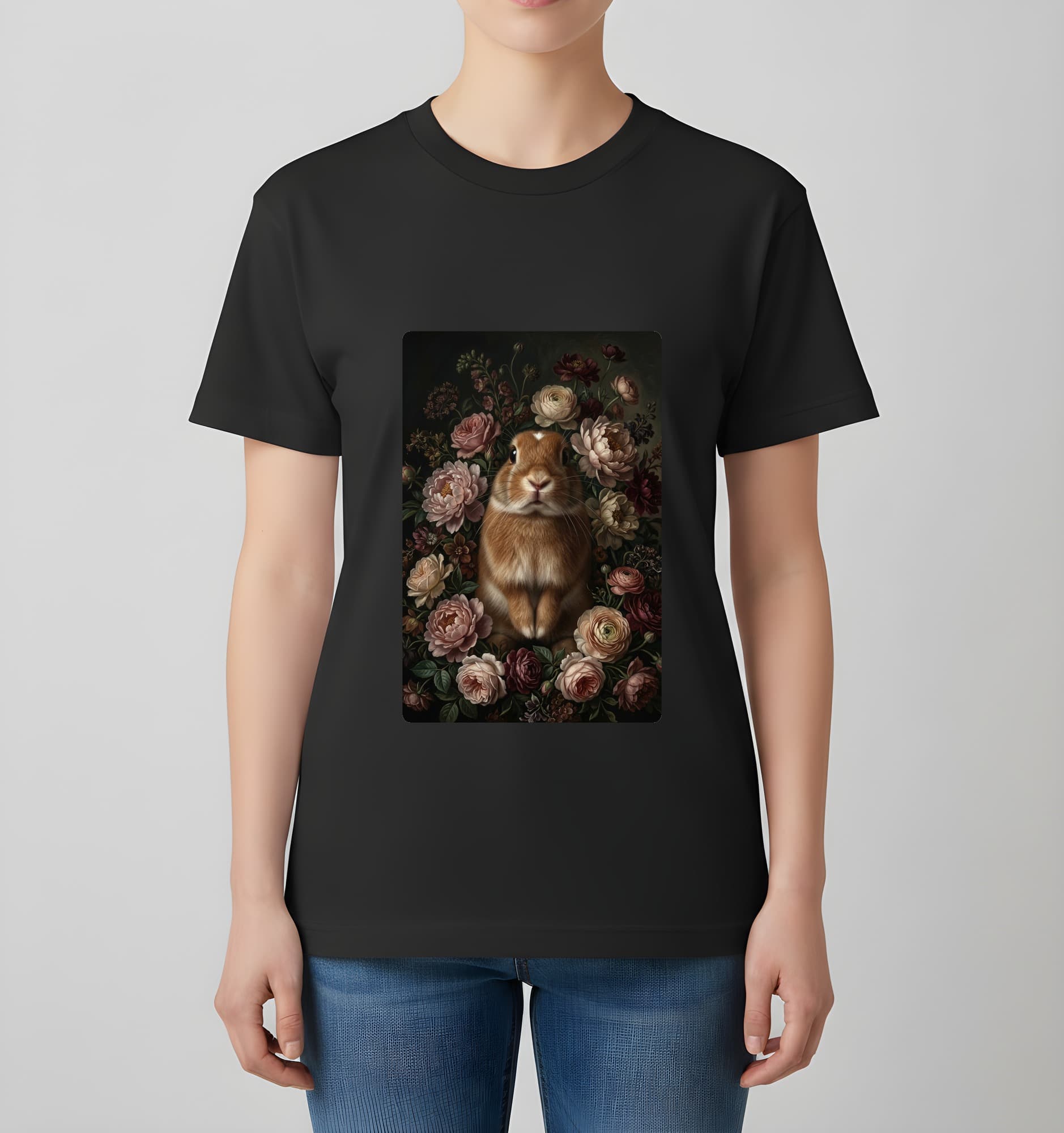 ネザーランドドワーフの花の油絵風アート花柄Tシャツ(ブラック) 4