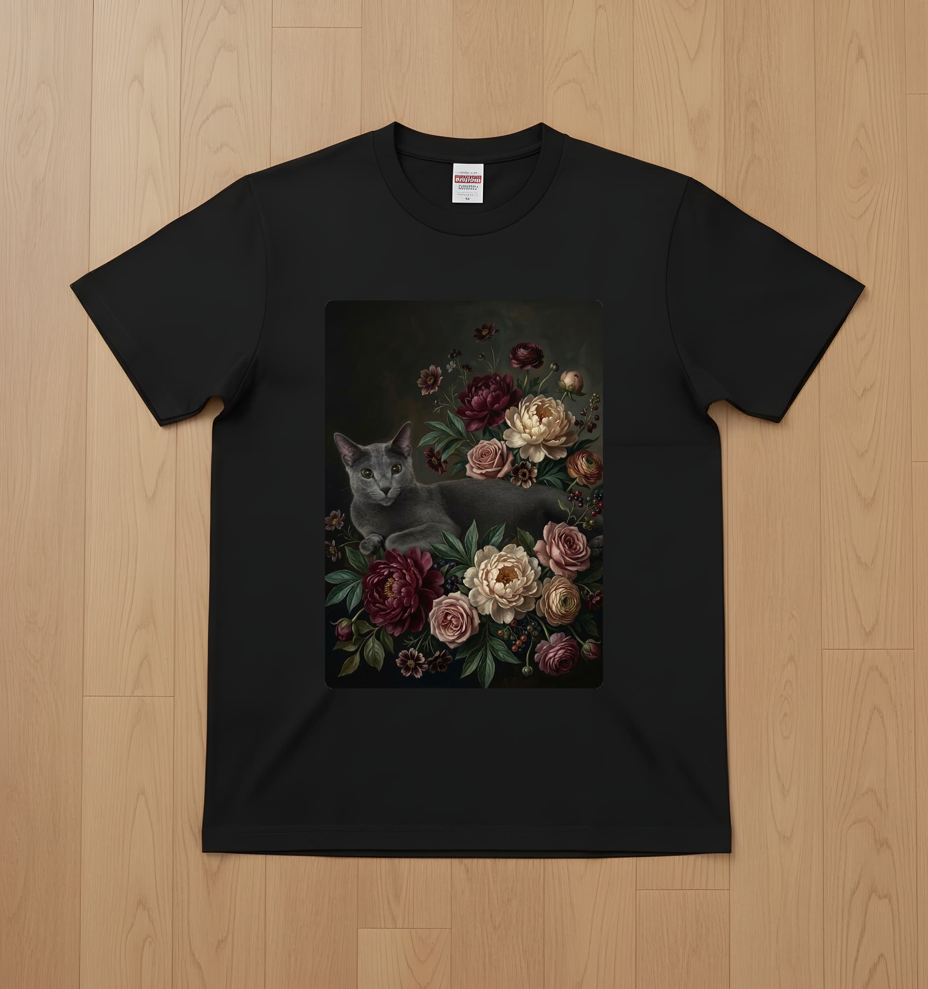 ロシアンブルーの花の油絵風アート花柄Tシャツ(ブラック)