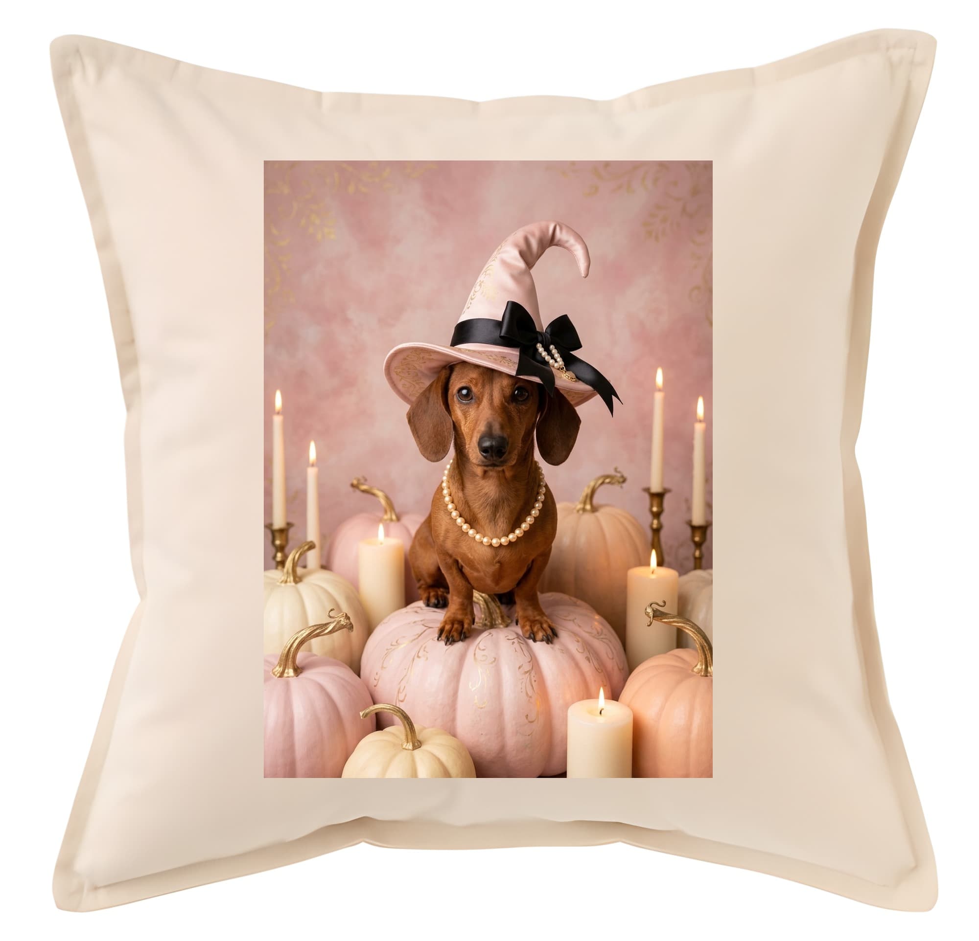 miniature dachshund Pumpkin & Candlelight Oil-Painting Halloween Cushion