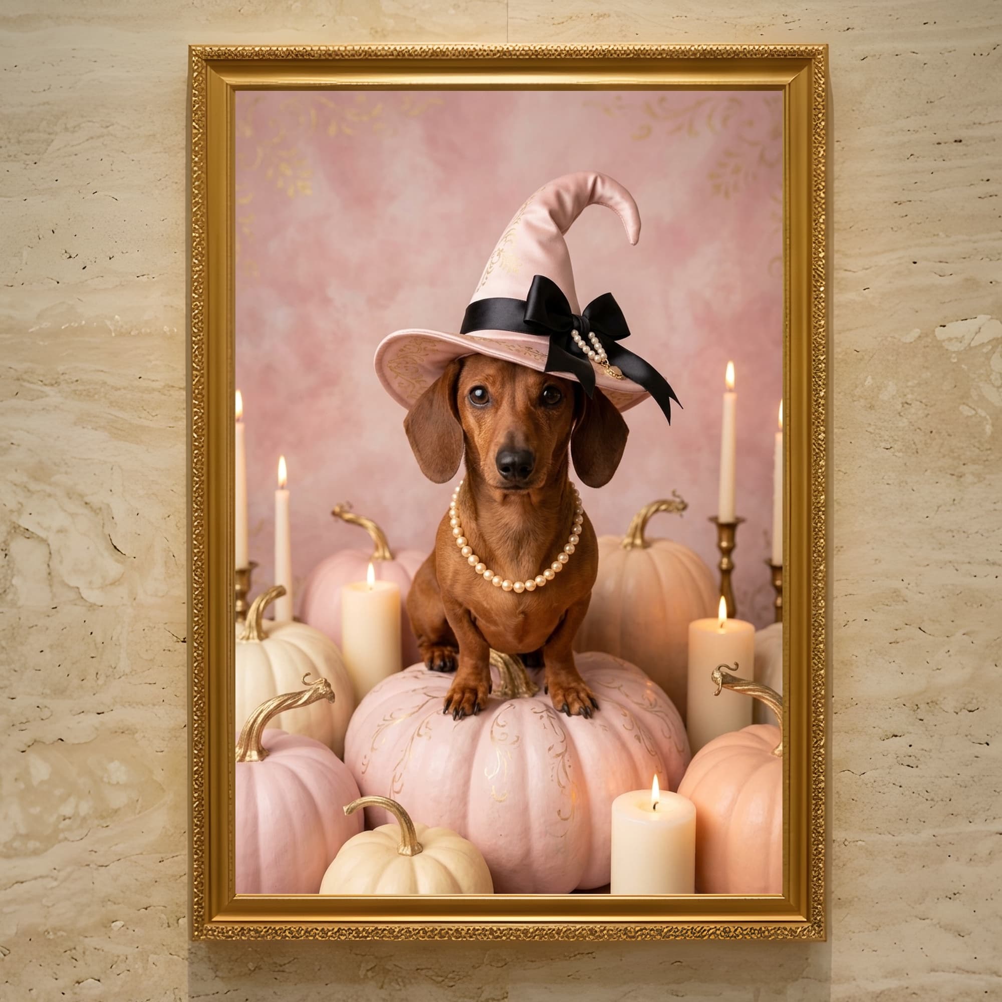 miniature dachshund Pumpkin & Candlelight Oil-Painting Halloween Framed Art Print (A3)