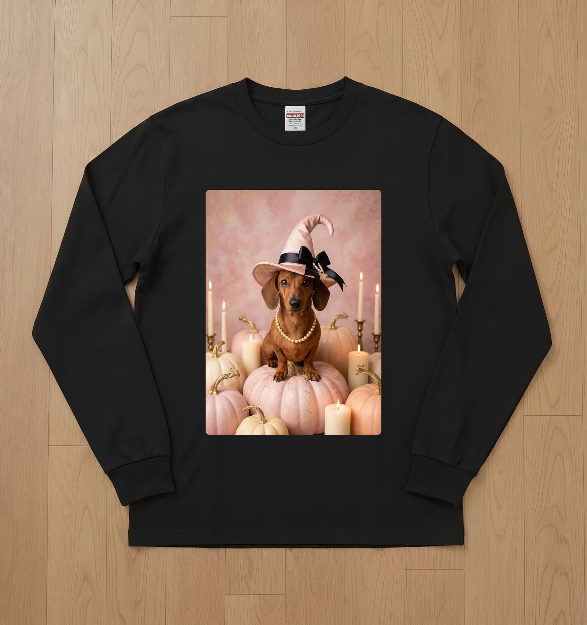 miniature dachshund Pumpkin & Candlelight Oil-Painting Halloween Long Sleeve T-Shirt (Black)