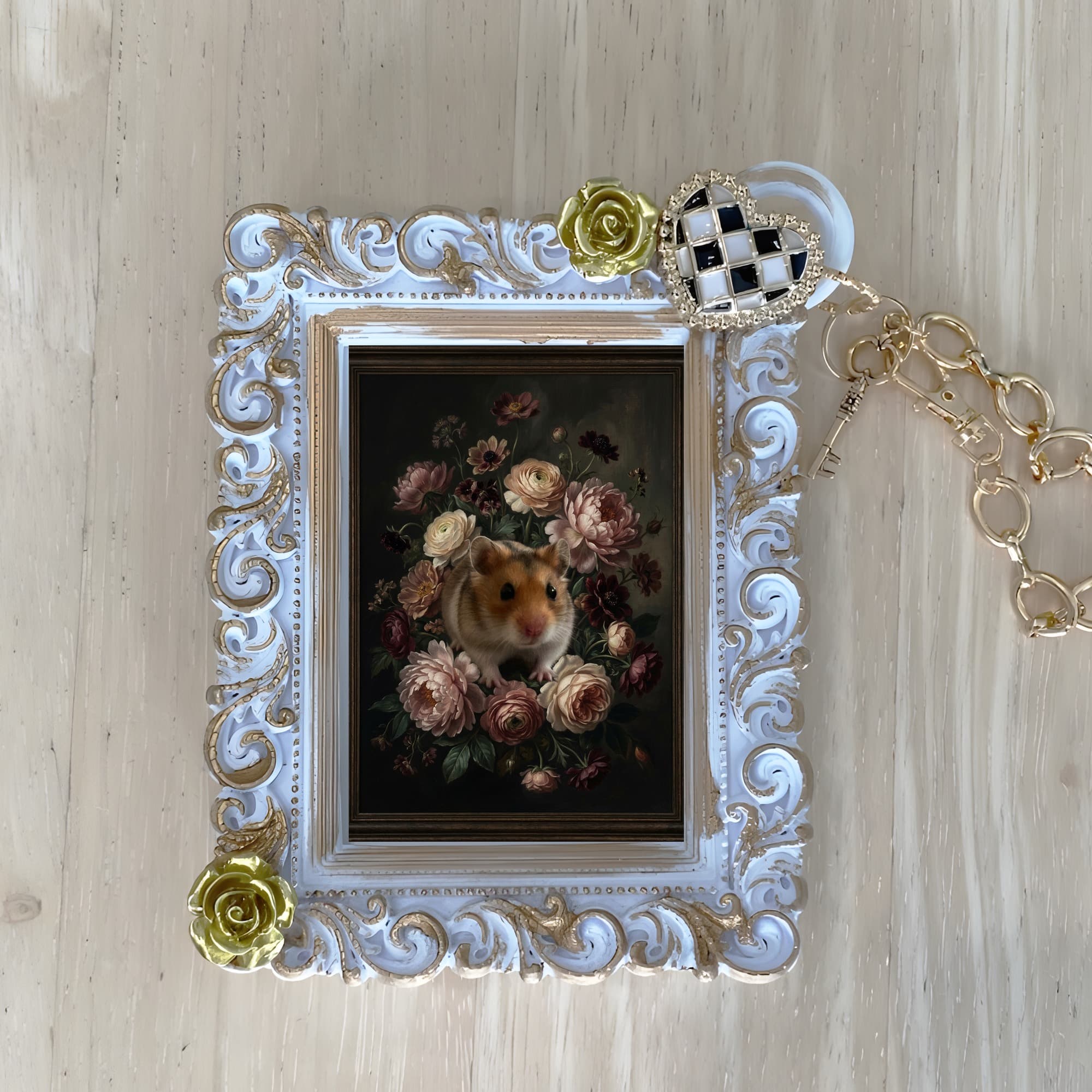 Campbell's dwarf hamster Floral Oil-Painting Floral Bag Charm (White)
