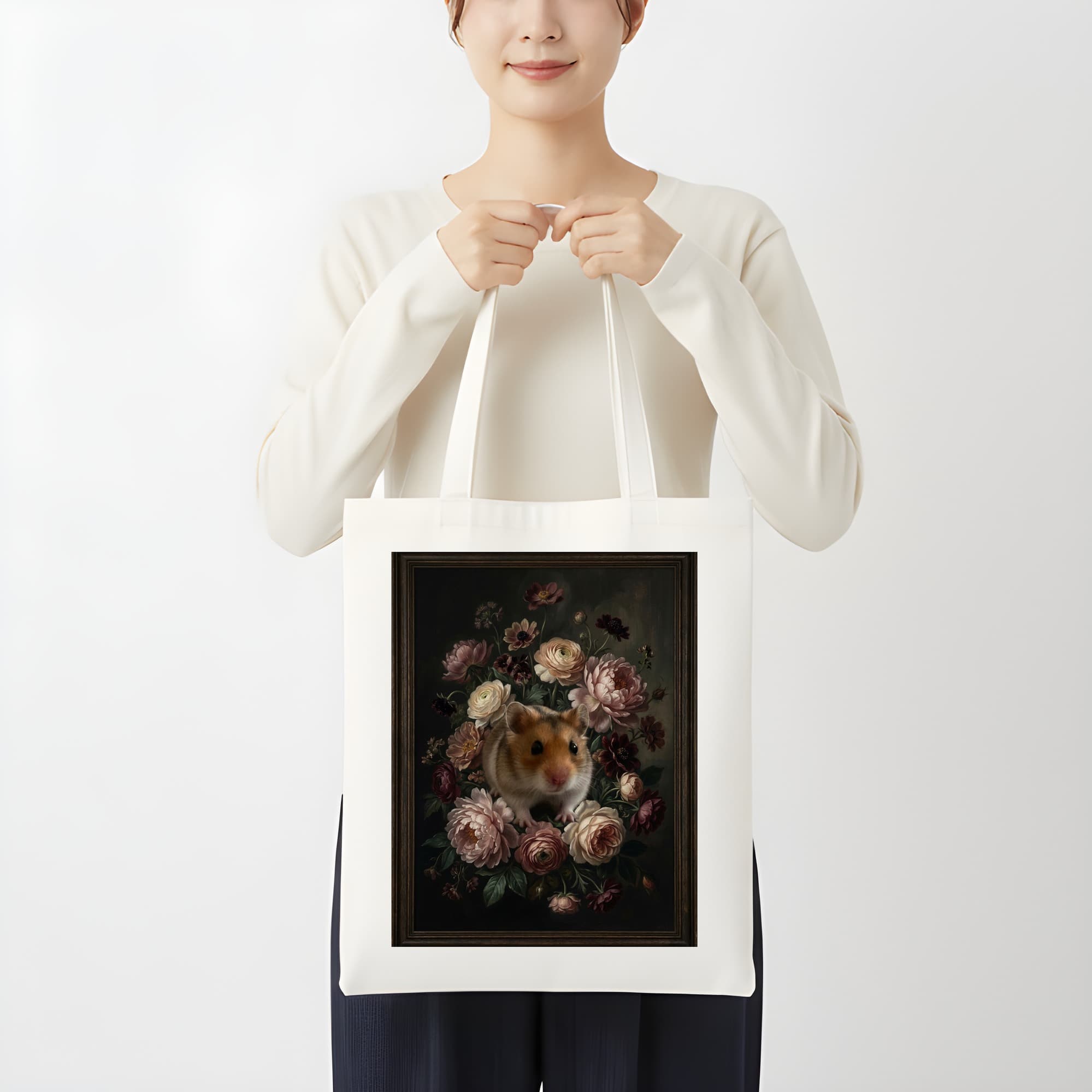 キャンベルハムスターの花の油絵風アート花柄トートバッグ 3