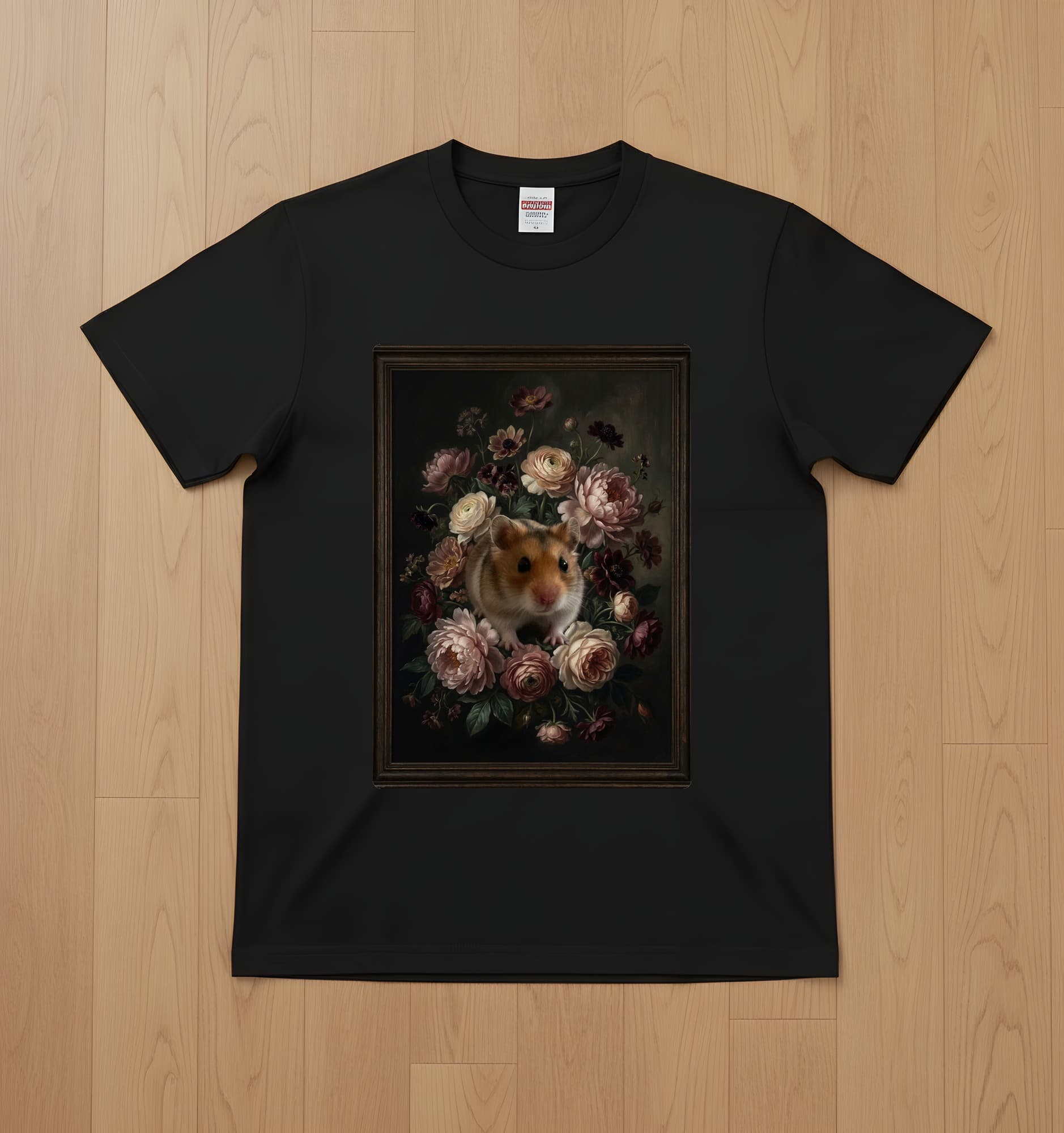 Campbell's dwarf hamster Floral Oil-Painting Floral T-Shirt (Black)