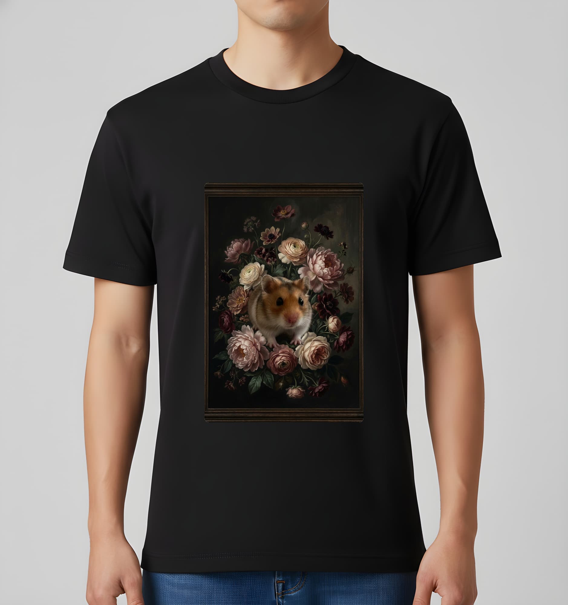 Campbell's dwarf hamster Floral Oil-Painting Floral T-Shirt (Black) 3