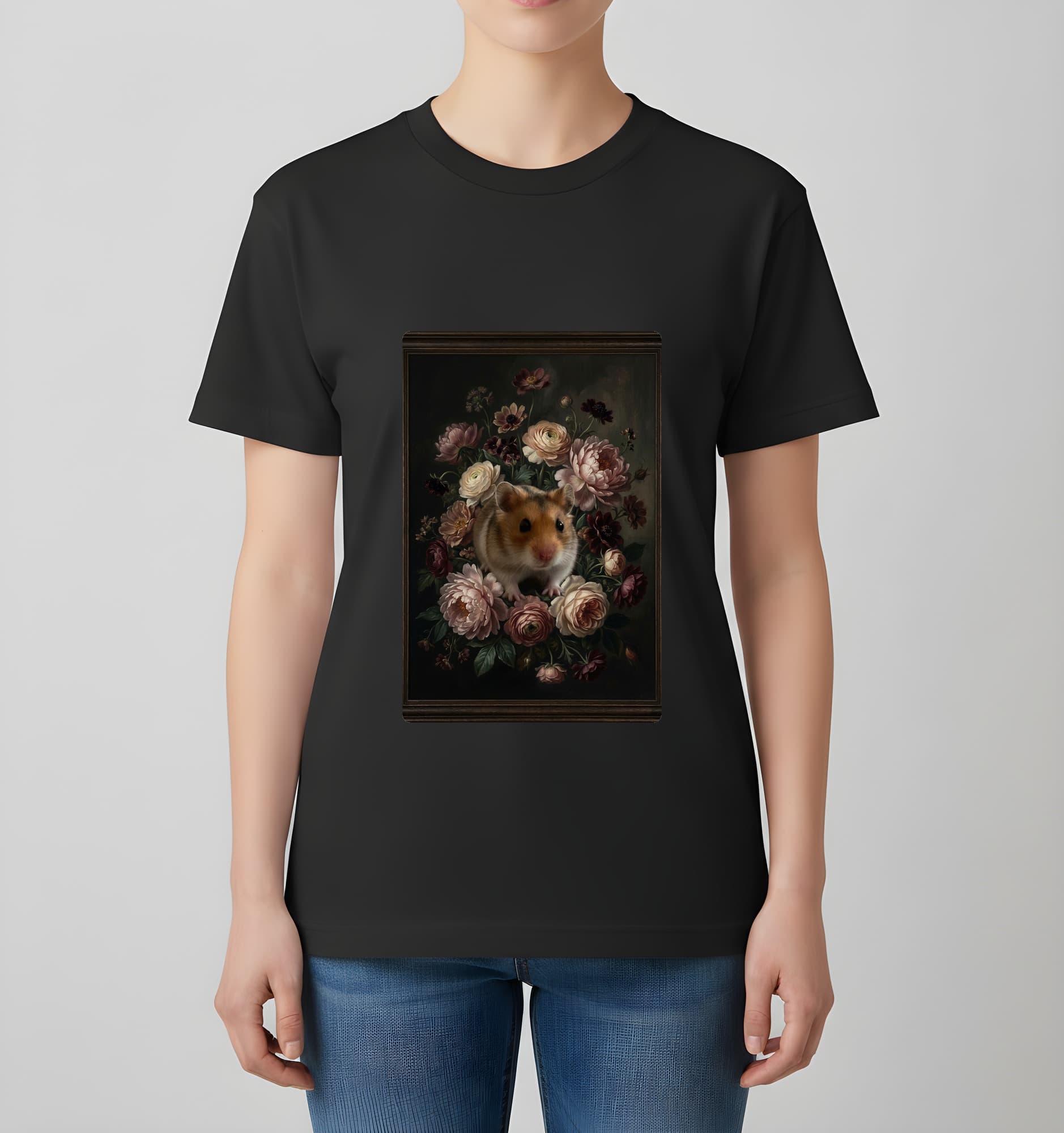 Campbell's dwarf hamster Floral Oil-Painting Floral T-Shirt (Black) 4