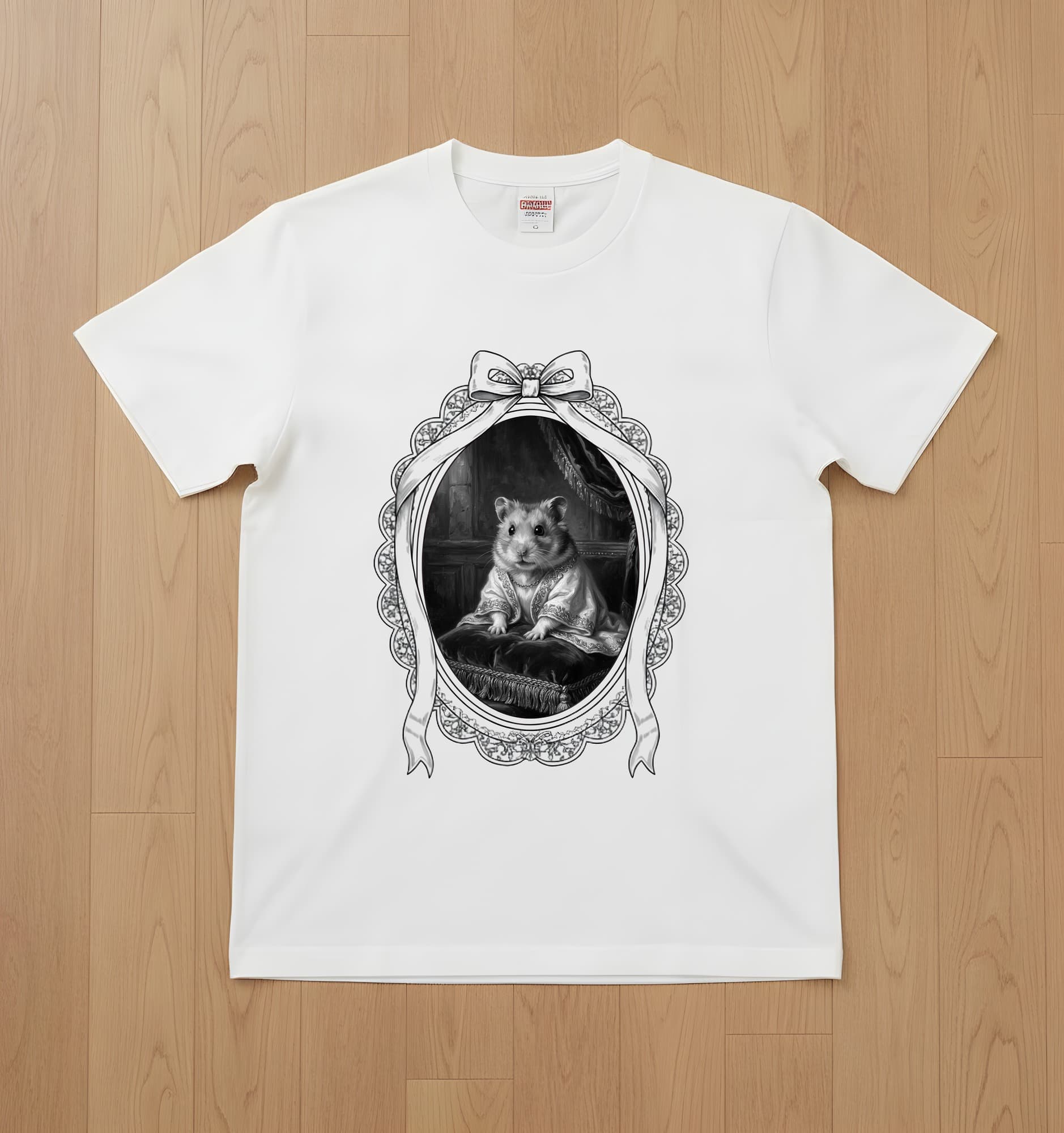 Roborovski hamster Renaissance Portrait T-Shirt (White, Monochrome Print, Framed Design)