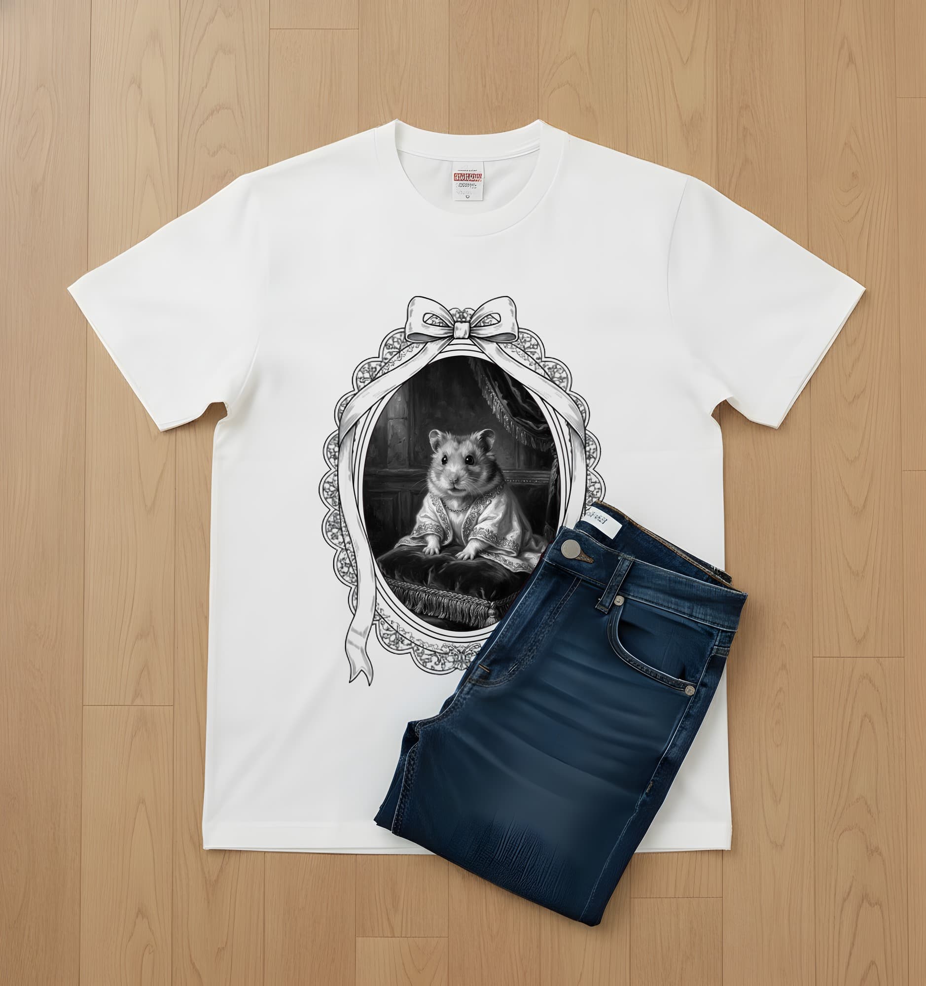 Roborovski hamster Renaissance Portrait T-Shirt (White, Monochrome Print, Framed Design) 2