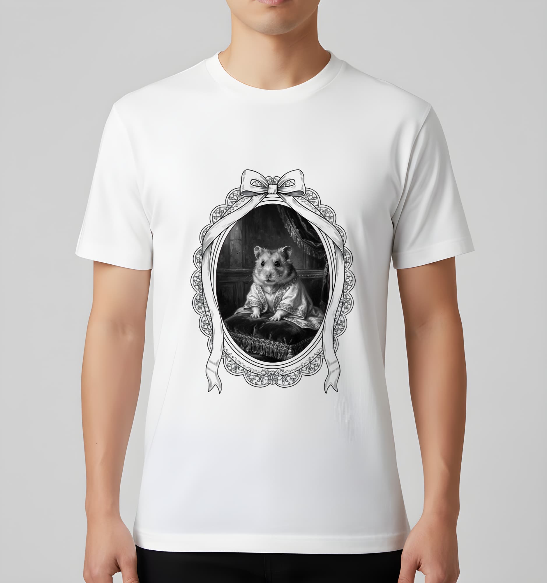 Roborovski hamster Renaissance Portrait T-Shirt (White, Monochrome Print, Framed Design) 3