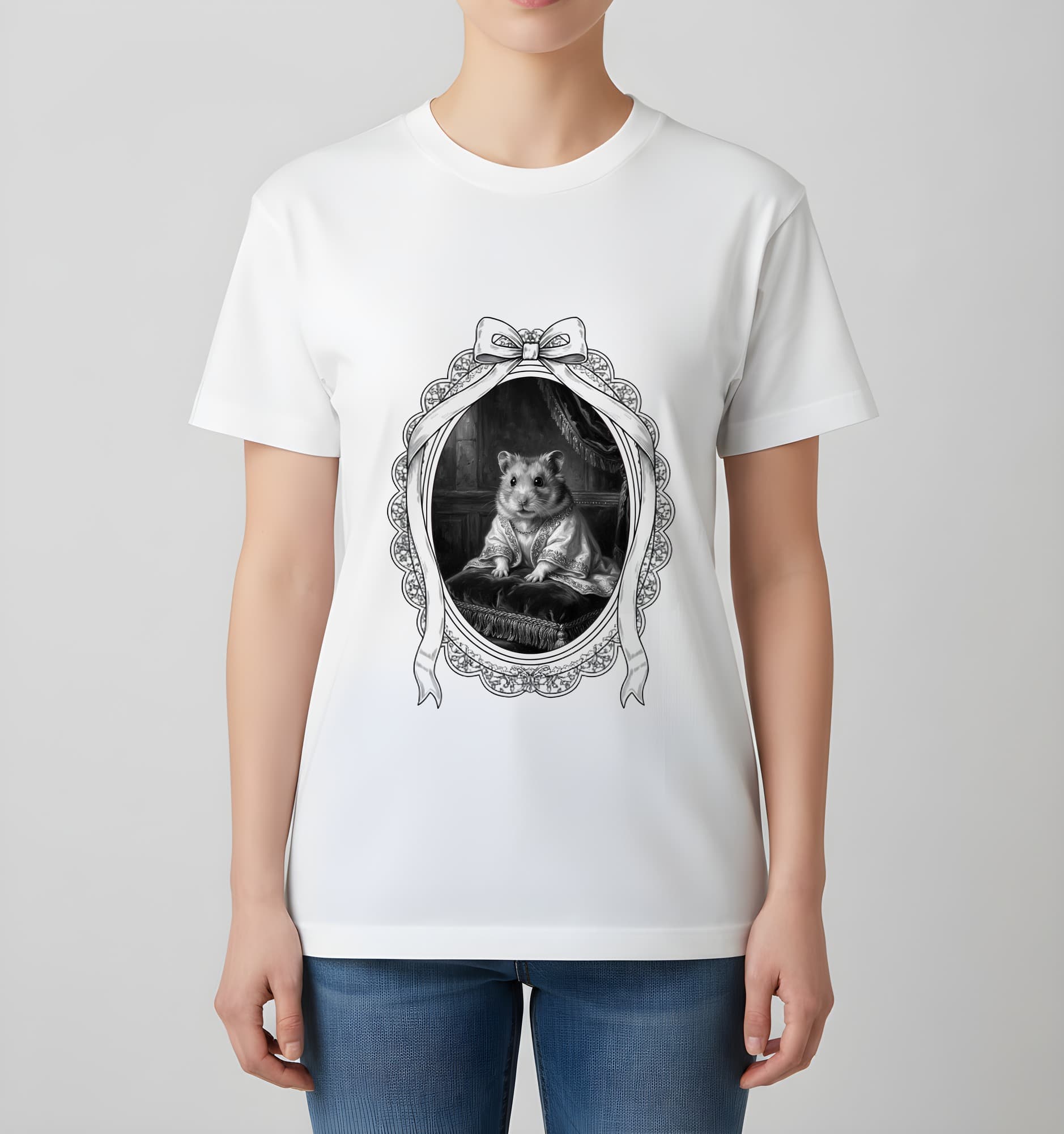 Roborovski hamster Renaissance Portrait T-Shirt (White, Monochrome Print, Framed Design) 4