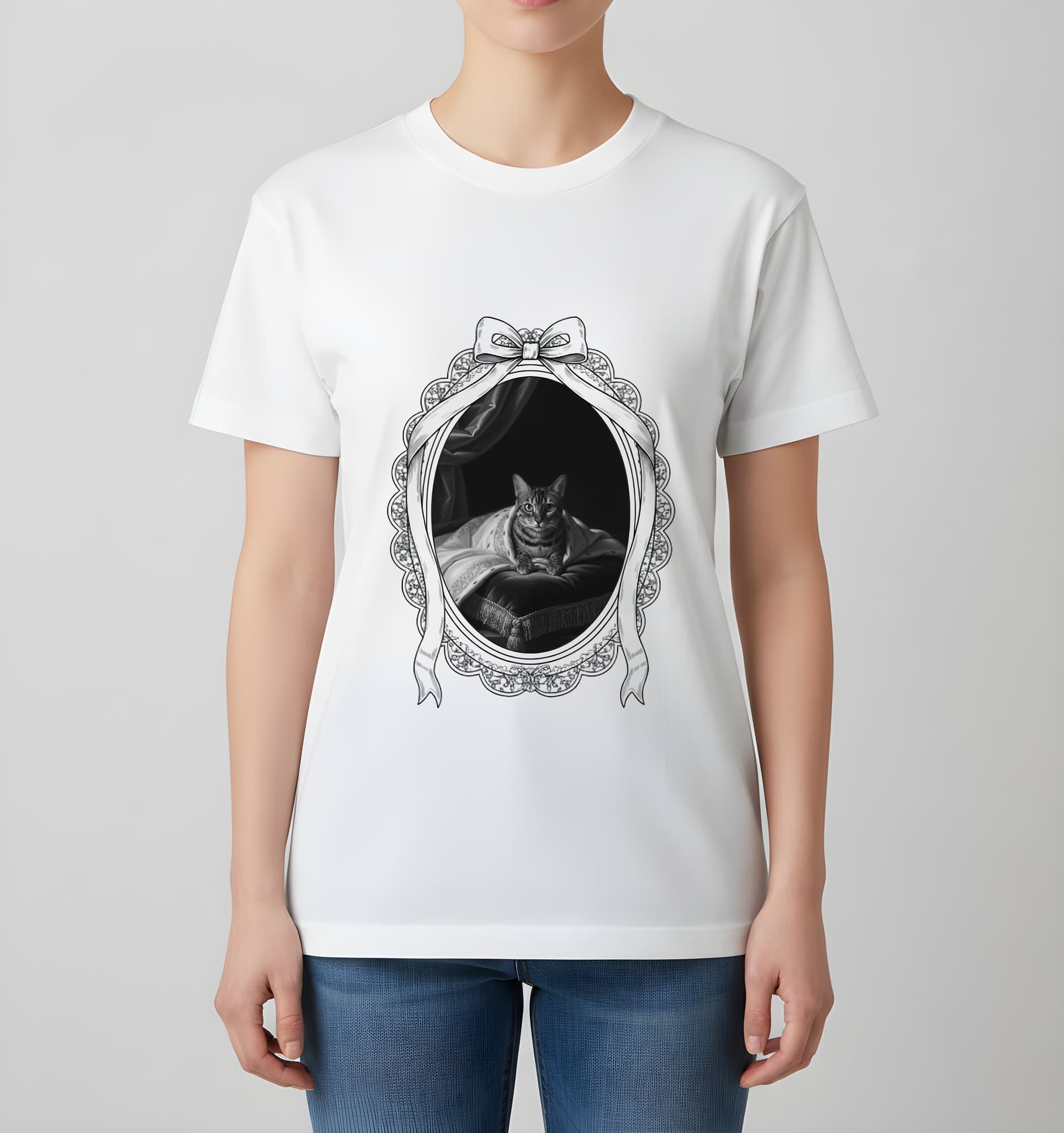 Bengal Renaissance Portrait T-Shirt (White, Monochrome Print, Framed Design) 4