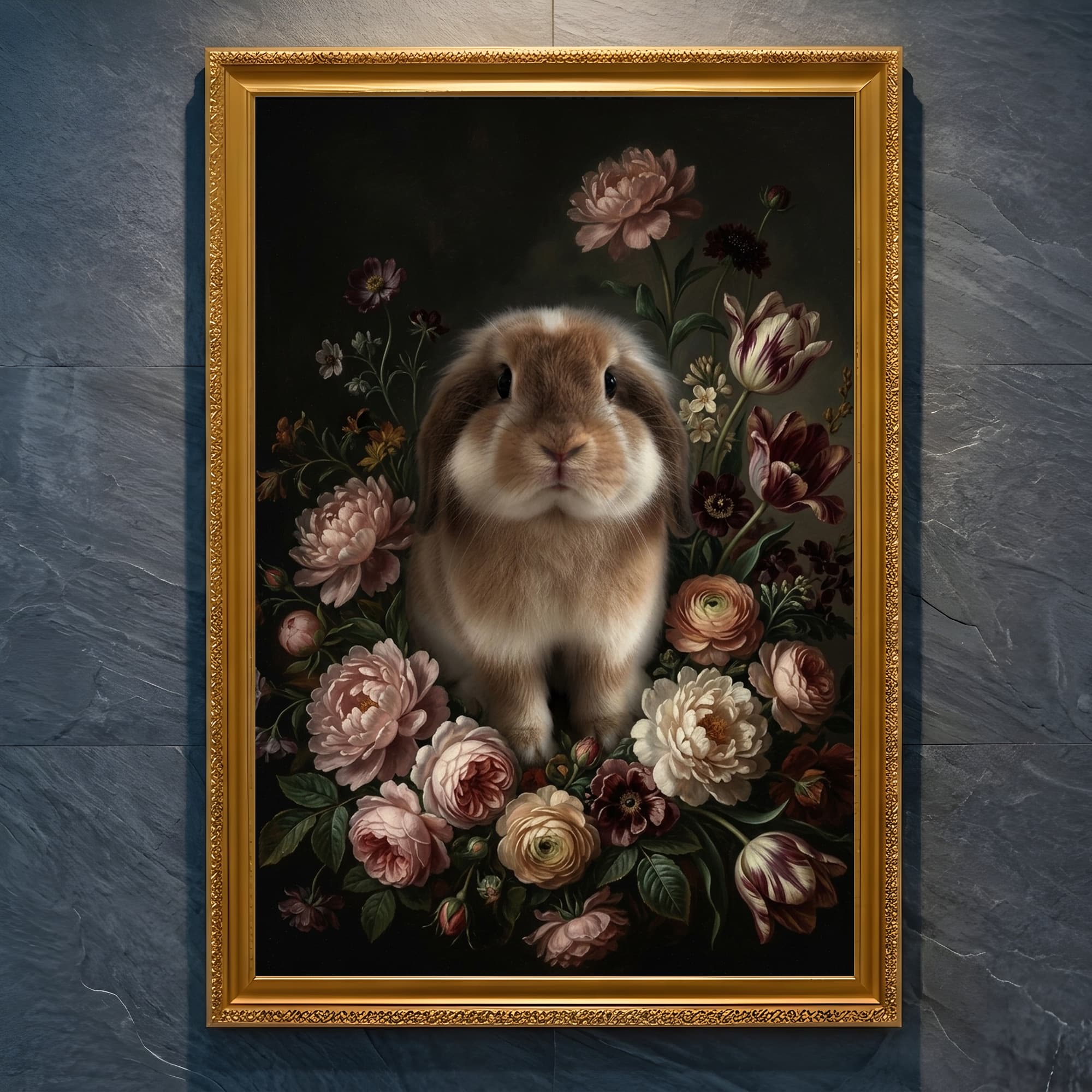 American Fuzzy Lop Floral Oil-Painting Floral Framed Art Print (A4 Gold)