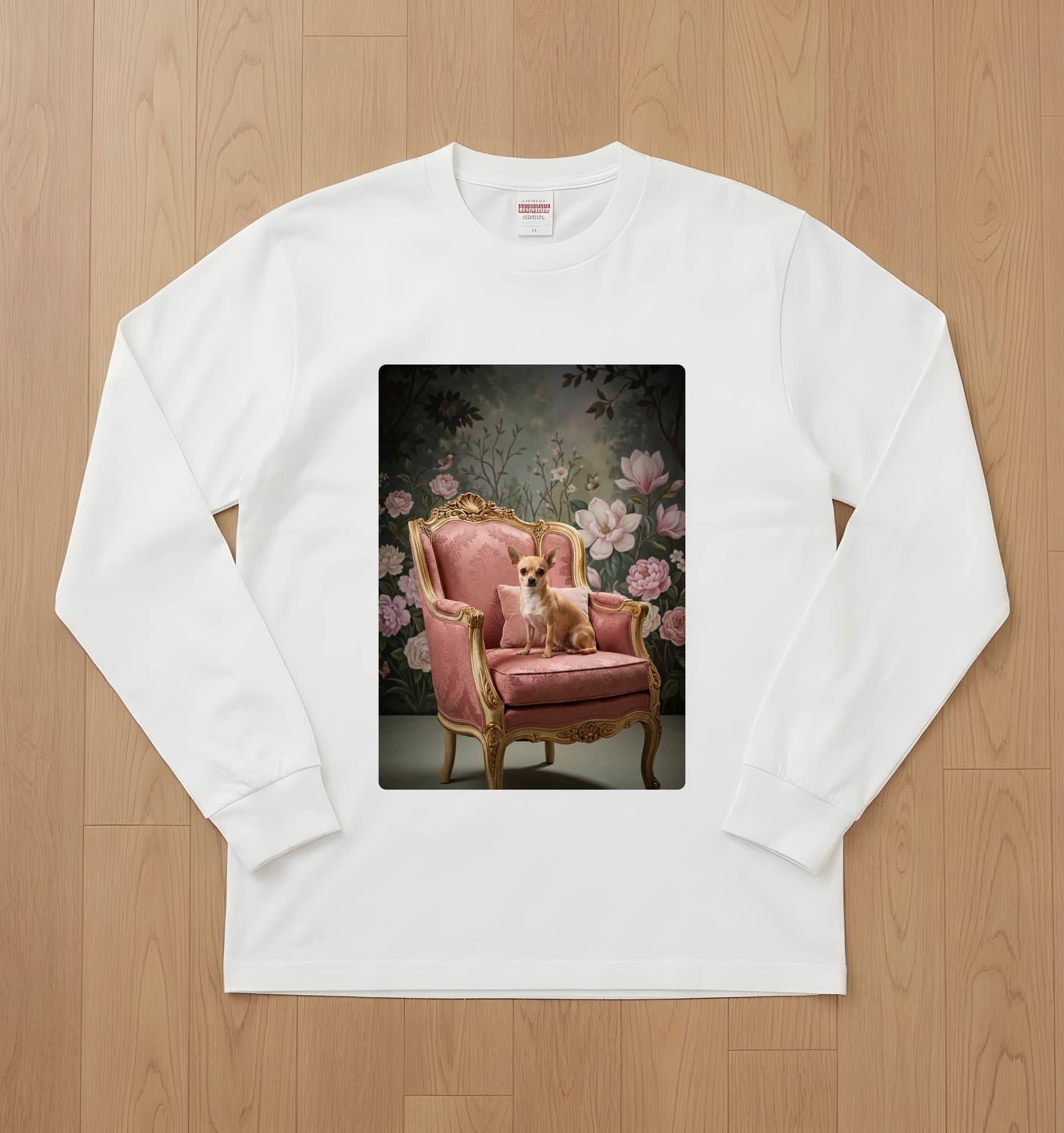 chihuahua Shabby Pink Oil-Painting Rococo Long Sleeve T-Shirt (White)