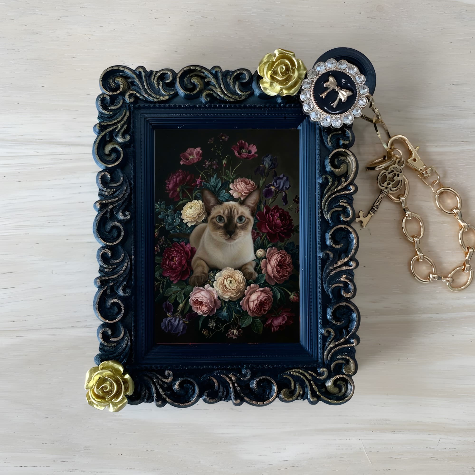 シャム猫の花の油絵風アート花柄バッグチャーム(ブラック)