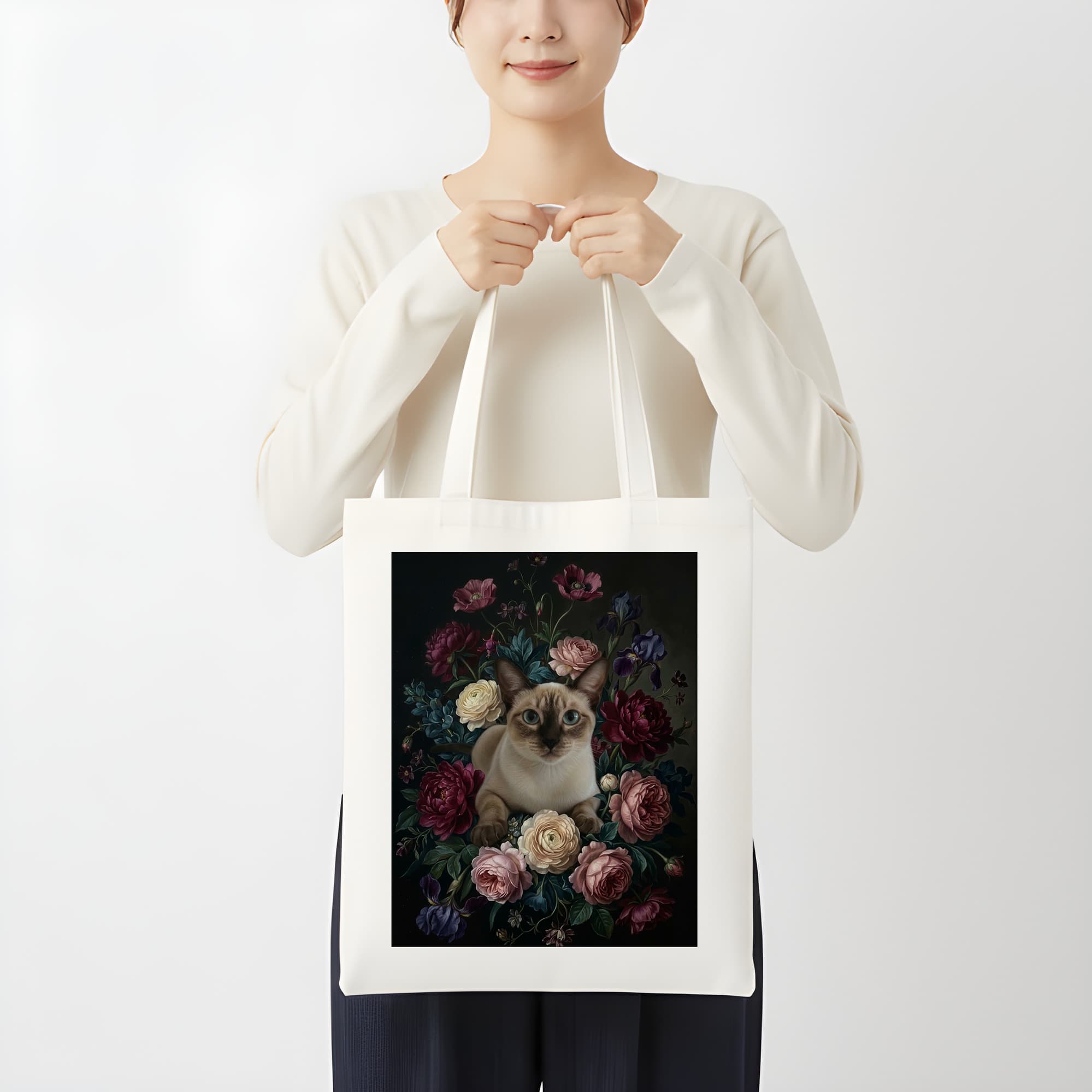 シャム猫の花の油絵風アート花柄トートバッグ 3