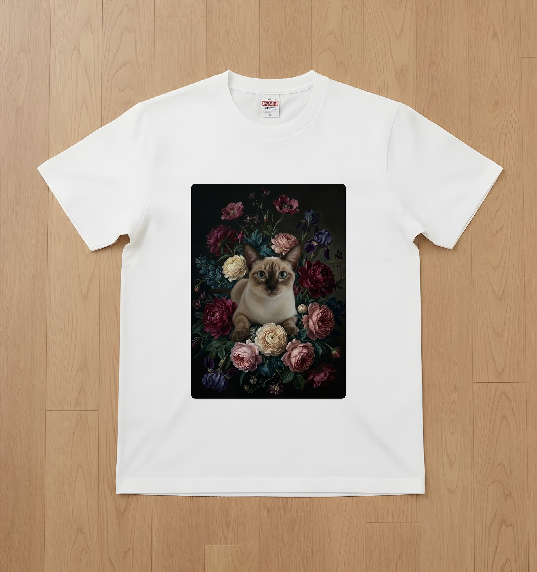 シャム猫の花の油絵風アート花柄Tシャツ(ホワイト)